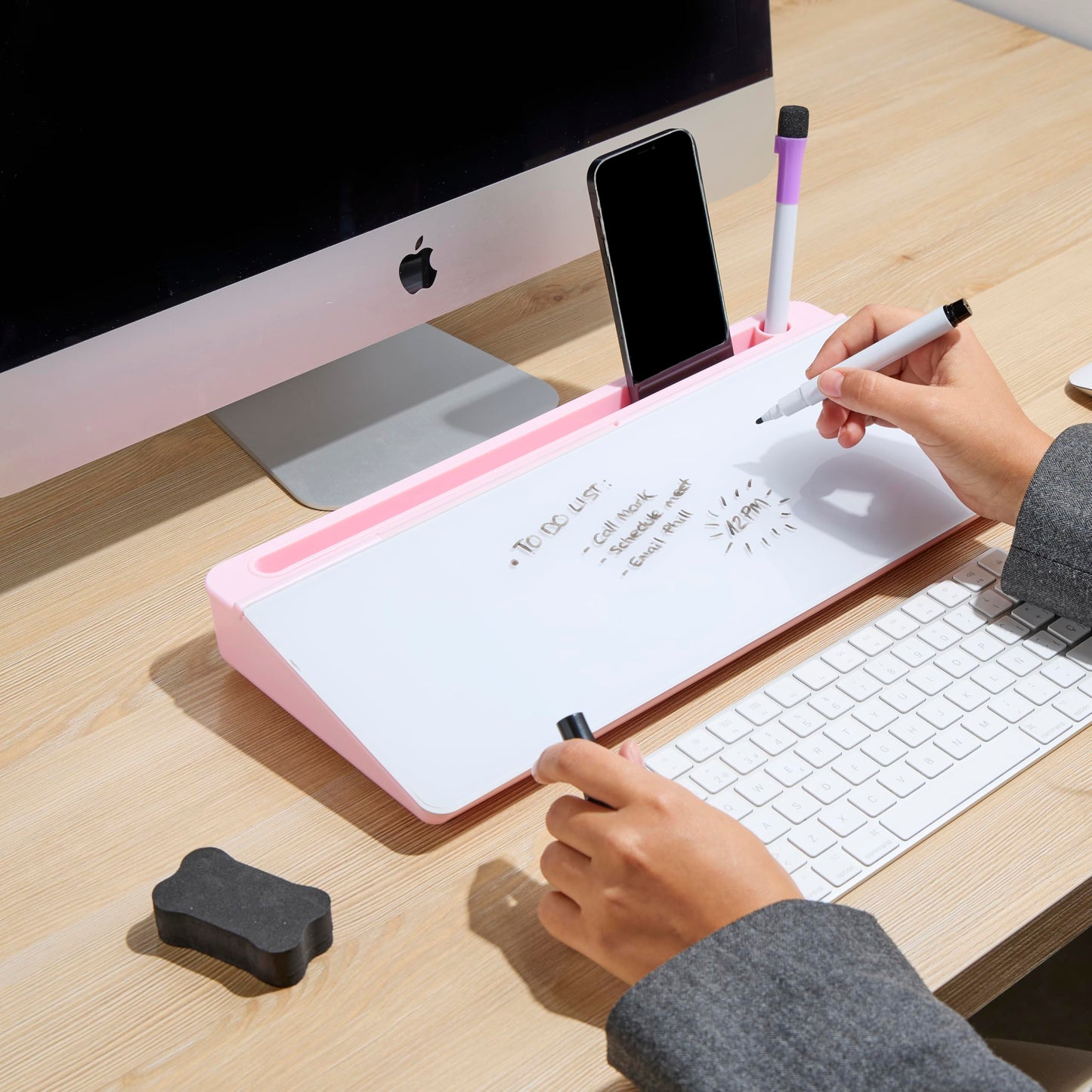 GAROOD Desktop Dry Erase Board with Storage (Pink Base) Desk White Board Desk Board Glass Desktop White Board with Stand Home Office Organizer Phone Holder 15.8X7X2 inches