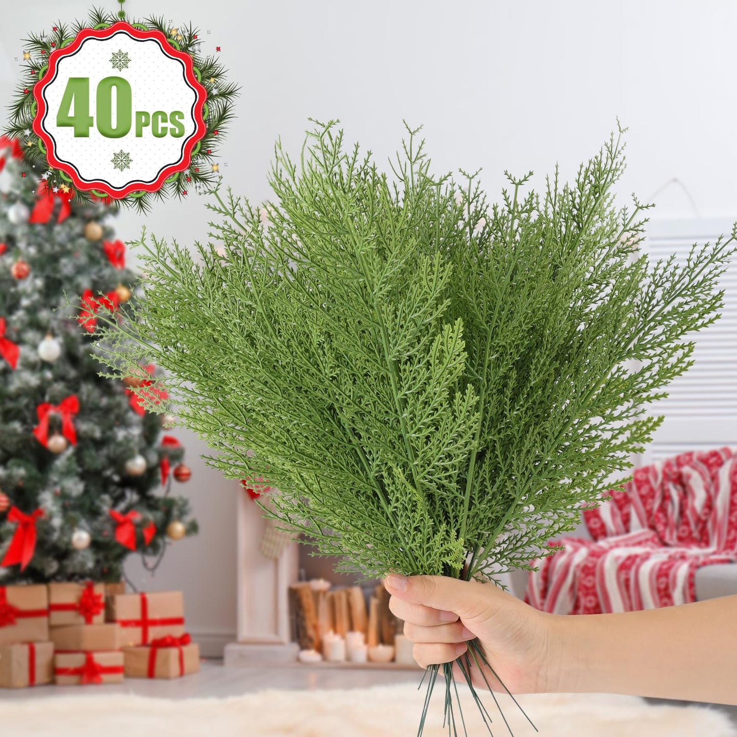Hananona Artificial Pine Branches,40 Pcs Christmas Faux Cedar Stems, Artificial Faux Cedar Branches, Fake Christmas Greenery Pine Picks for Wreath Craft DIY Home Kitchen Decorations (40, Green)