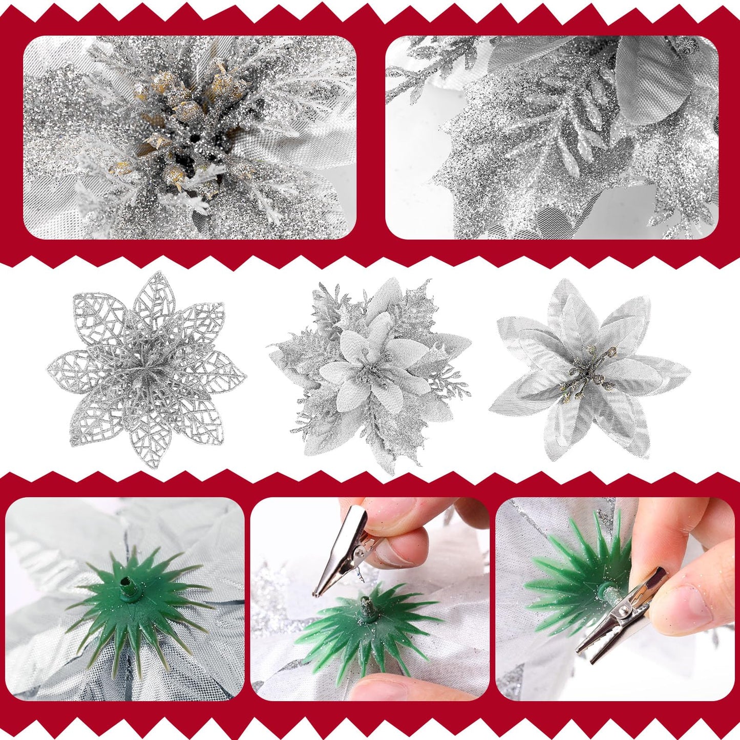 Zeyune 48 Pcs 3 Styles Christmas Glitter Poinsettia Flowers Artificial Berry Picks Artificial Christmas Flowers with Clips for Xmas Tree Wedding Wreath Holiday Party Decorations(Silver)