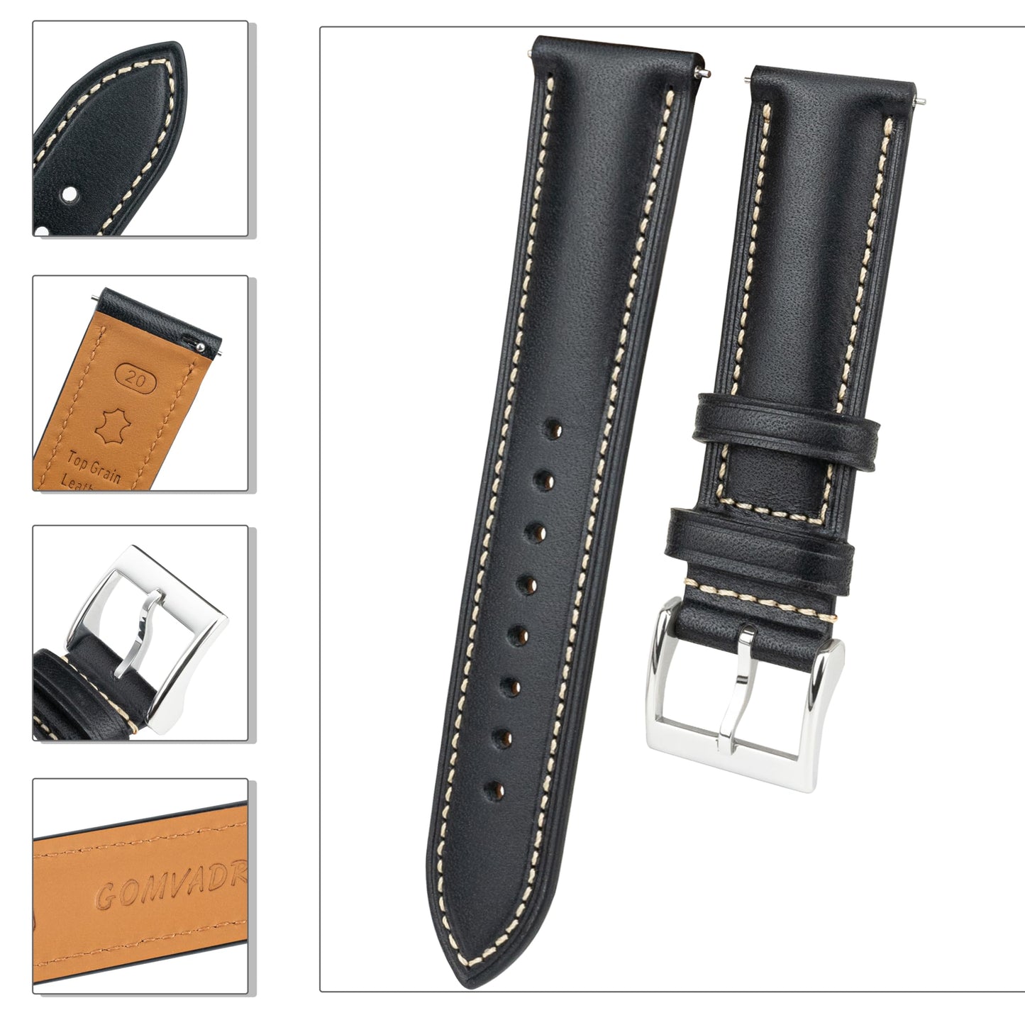 Gomvadr Vintage Genuine Top Grain Leather Watch Strap Quick Release, 18/19/20/21/22/24mm, Silver/Black Buckle, Universal Fit Unisex for Daily Wear (Black with Silver Buckle, 20mm)