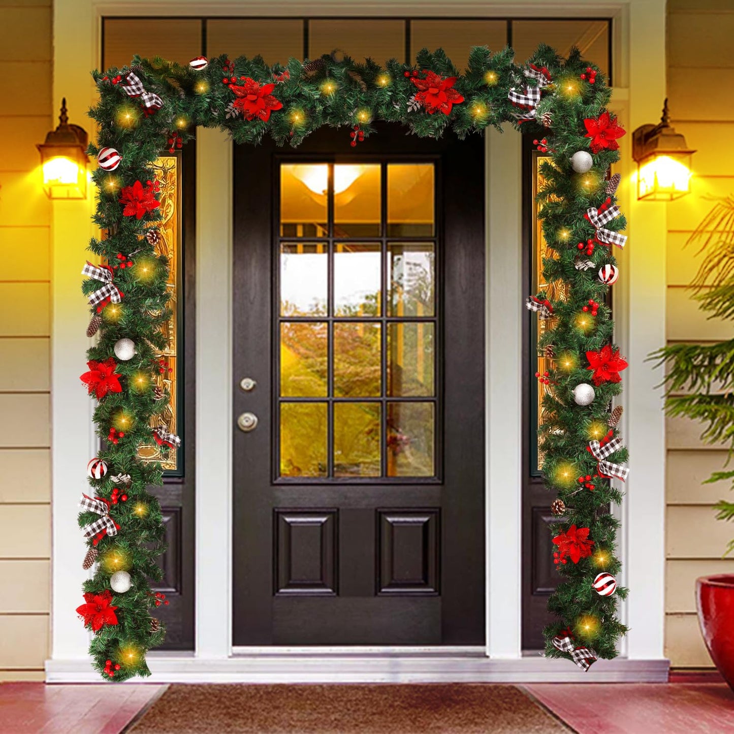 Christmas Garland with Lights,Pre-lit 9ft Christmas Decorations with 50 LED Lights,with Waterproof Battery Box,Indoor&Outdoor Use,for Stairs Fireplace Front Door Porch Home (Battery NOT Include)