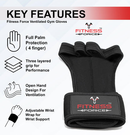FITNESS FORCE Ventilated Weightlifting Gloves Workout Gloves for Men & Women with Built-in Wrist Wraps Fingerless Gym Gloves for Men Perfect for Exercise Fitness, Weight Lifting, Cross Training