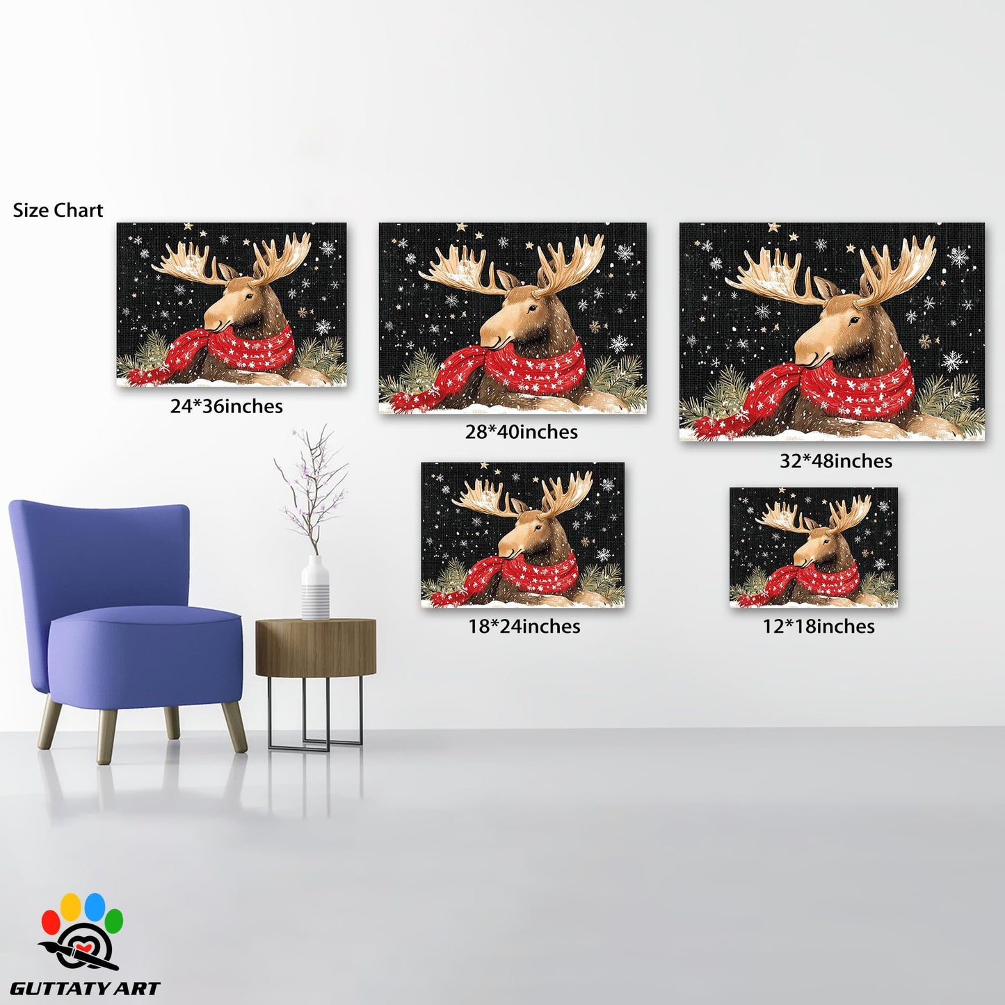 GUTTATY Christmas Canvas Wall Decor, Elk with Red Scarf Christmas Wall Art, Winter Scene Christmas Pictures Wall Decor, Snowy Christmas Posters Framed for Living Room, Bedroom, Office 18x24 Inch