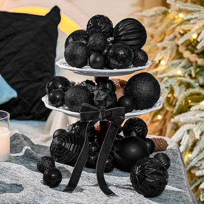 JORNOY Christmas Tree Ornaments Set, 47 Pack Assorted Shatterproof Hanging Balls Decorations, Plastic Bulbs Bulk with Lanyard for Home Holiday Party Decor, 3-Sizes (Pure Black)
