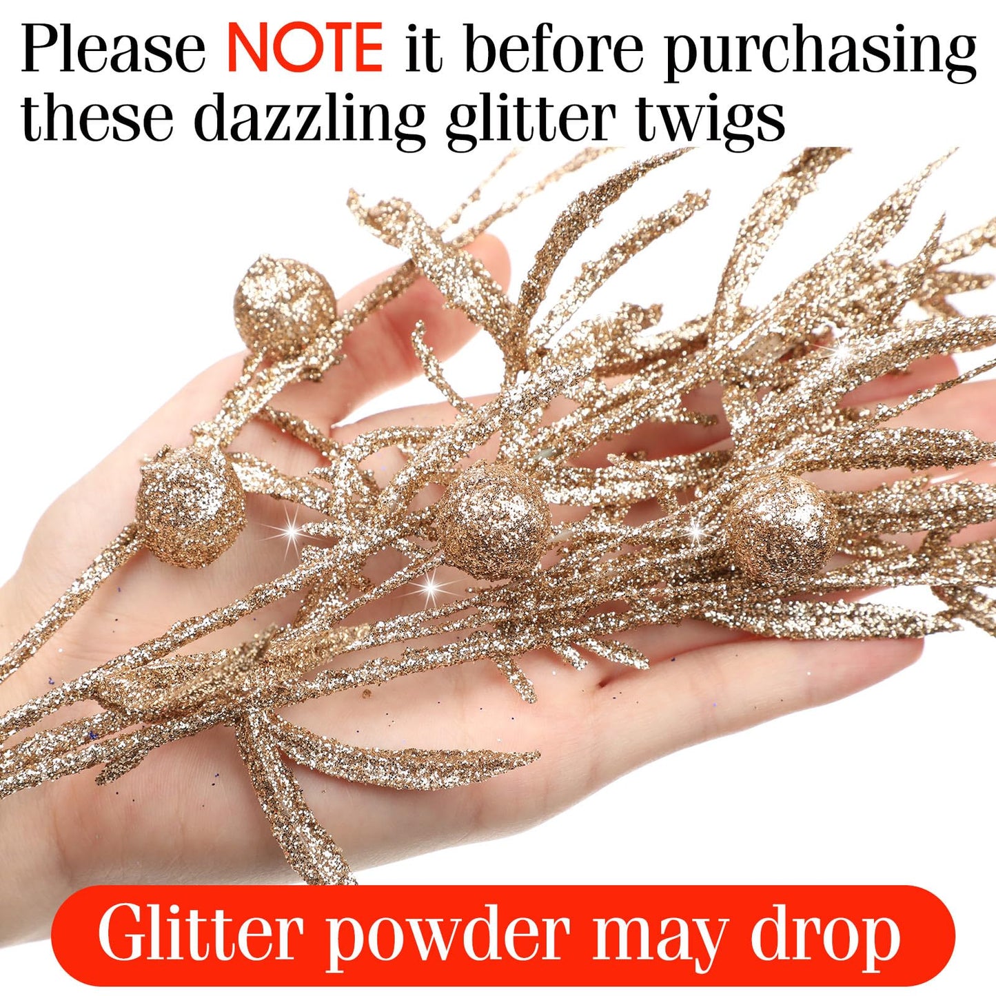16 Pcs Glitter Christmas Picks Branches Artificial Christmas Berry Decoration Stems Pine Needles Floral Twig Spray for Xmas Tree Xmas Vase Filler Ornaments DIY Wreath Garland Holiday Decor(Champagne)