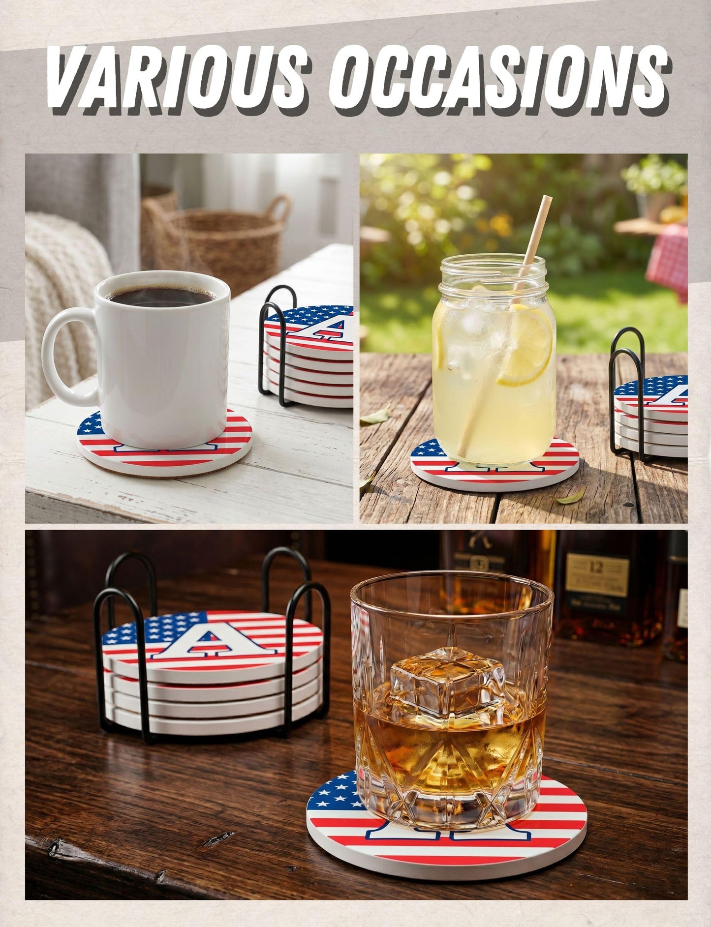 Onebttl Monogram Initial Gifts - Patriotic American Flag Ceramic Coaster Set of 6 - with Holder and Absorbent Cork Base - S