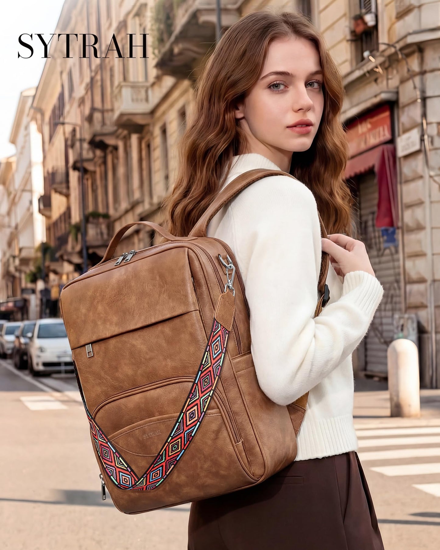 SYTRAH Leather Laptop Backpack for Women, 15.6 Inch Business Computer Bag, Designer College Backpack Travel Backpack with Colorful Shoulder Bag Strap Mocha Brown