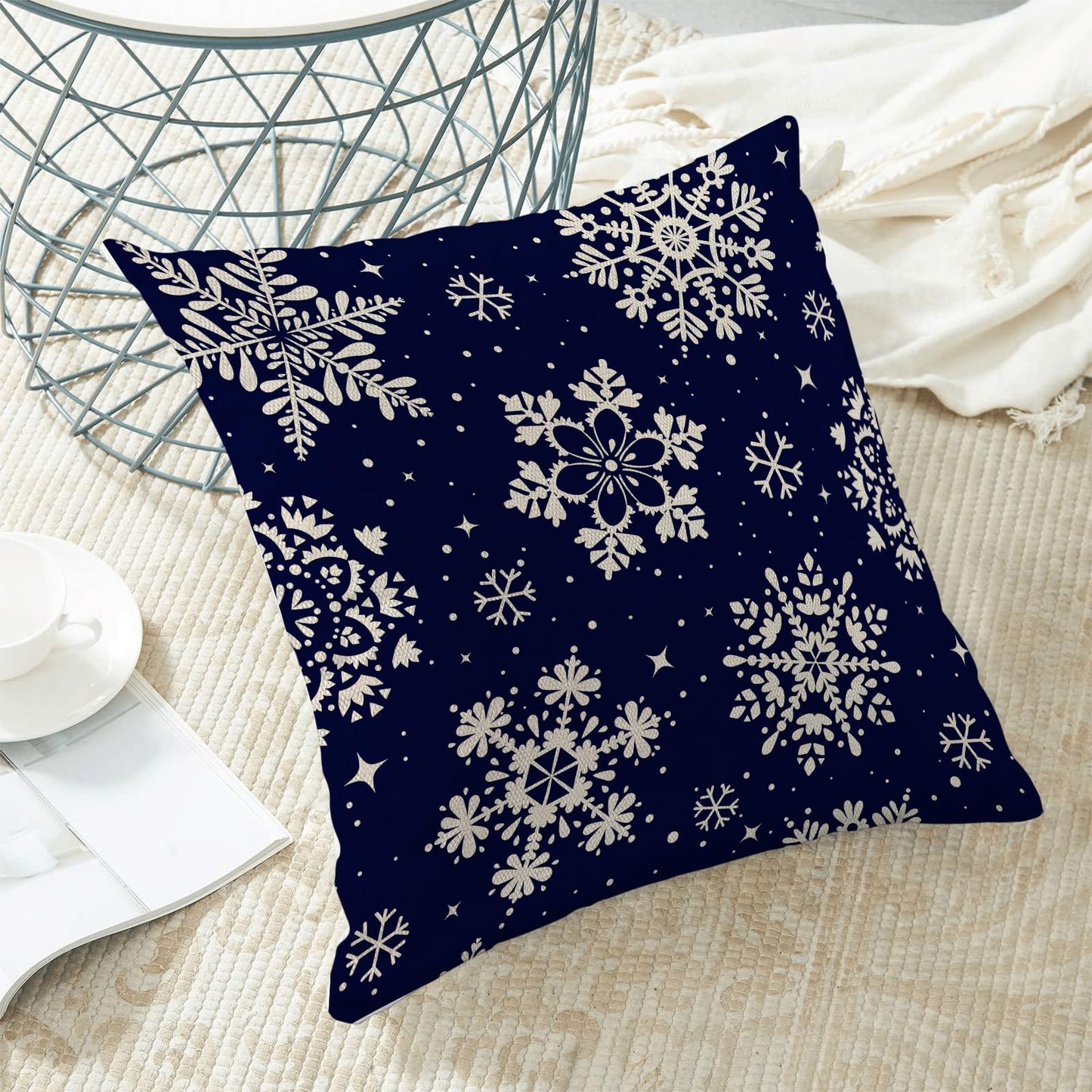 Christmas Pillow Covers 20x20 Inch 2 Pcs, Navy Blue White Snowflakes Decorative Throw Pillows for Couch, Xmas Winter Outdoor Decor Pillowcase Linen Cushion Cover for Bed Sofa