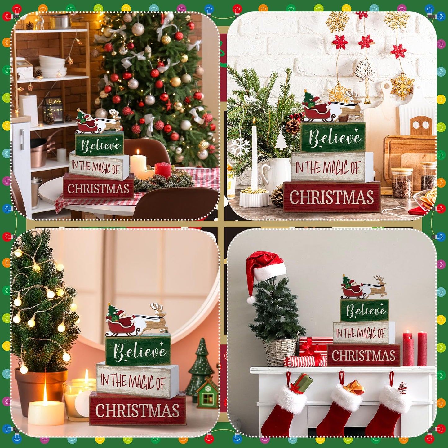 Lineshading 4 Pcs Summer Christmas Table Decoration Wooden Santa Claus Decor Christmas Tiered Tray Decor Decorative Santa Claus Elk Block Sign Gift Farmhouse Xmas Centerpiece for Home Kitchen Shelf