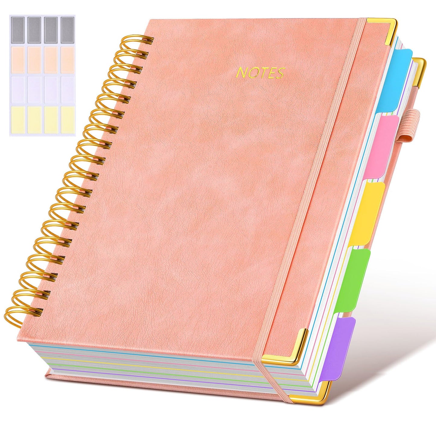 Hardcover Spiral Notebook Journal with Removable Dividers Tabs, 300 Pages Leather 5 Subject Notebook College Ruled, 8"x10" Large B5 Notebooks for Work School Note taking, Lined Journal for Women, Pink