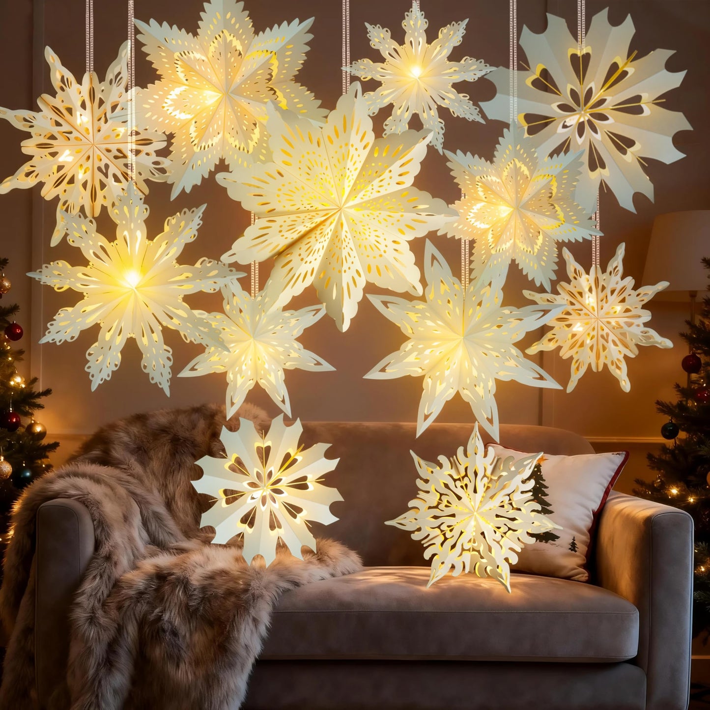 12 Pcs Christmas Paper Snowflake Lanterns, 3D Christmas Paper Star Lanterns with LED Lights, 10/12 Inch White Hanging Snowflake Lamps for Xmas Winter Frozen Weddings New Year Party Decorations