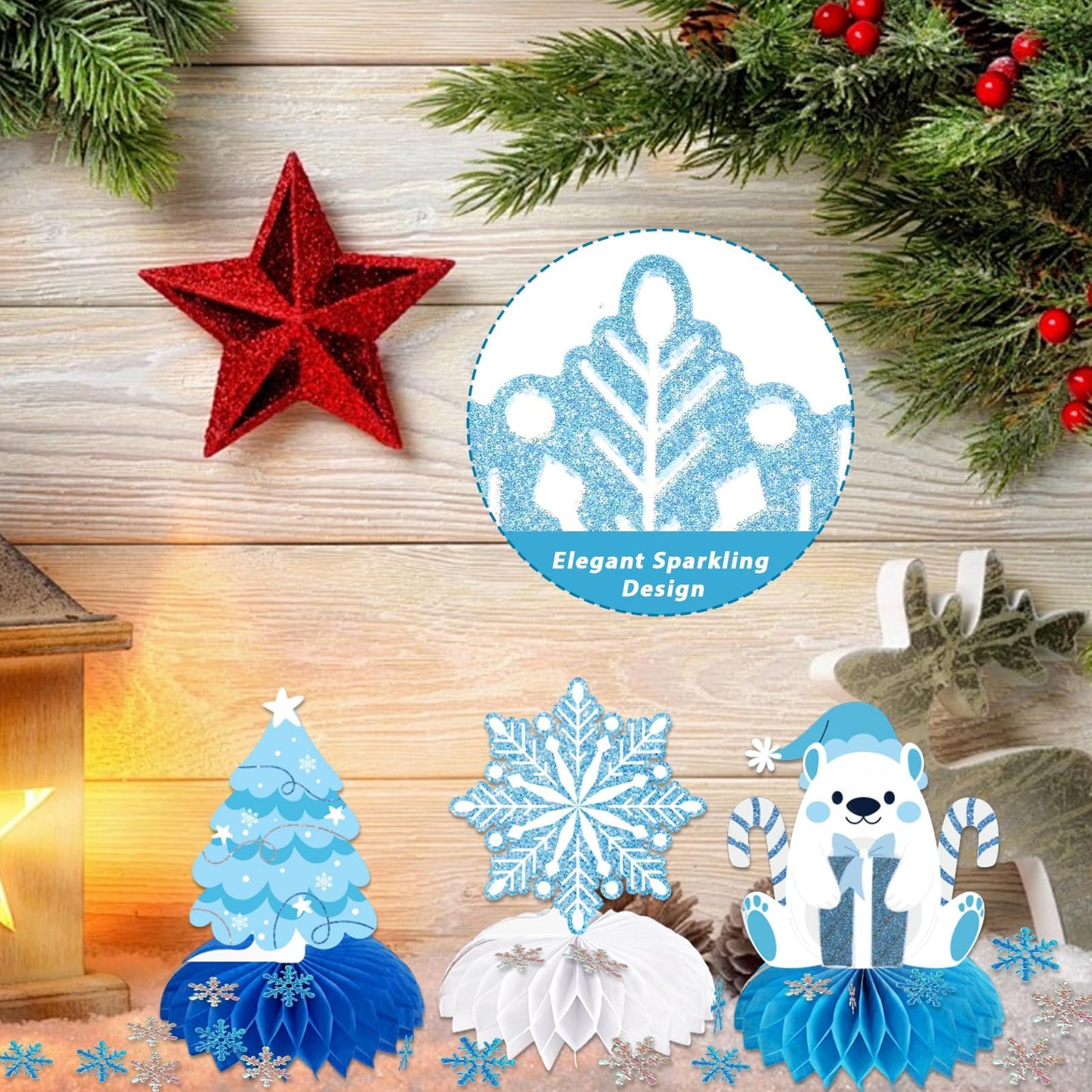 Frozen Winter Wonderland Party Decorations - 12 Pack Winter Themed Snowflake Honeycomb Table Centerpieces and 600pcs Snowflake Confetti for Christmas Holiday Winter Birthday Baby Shower Party Supplies