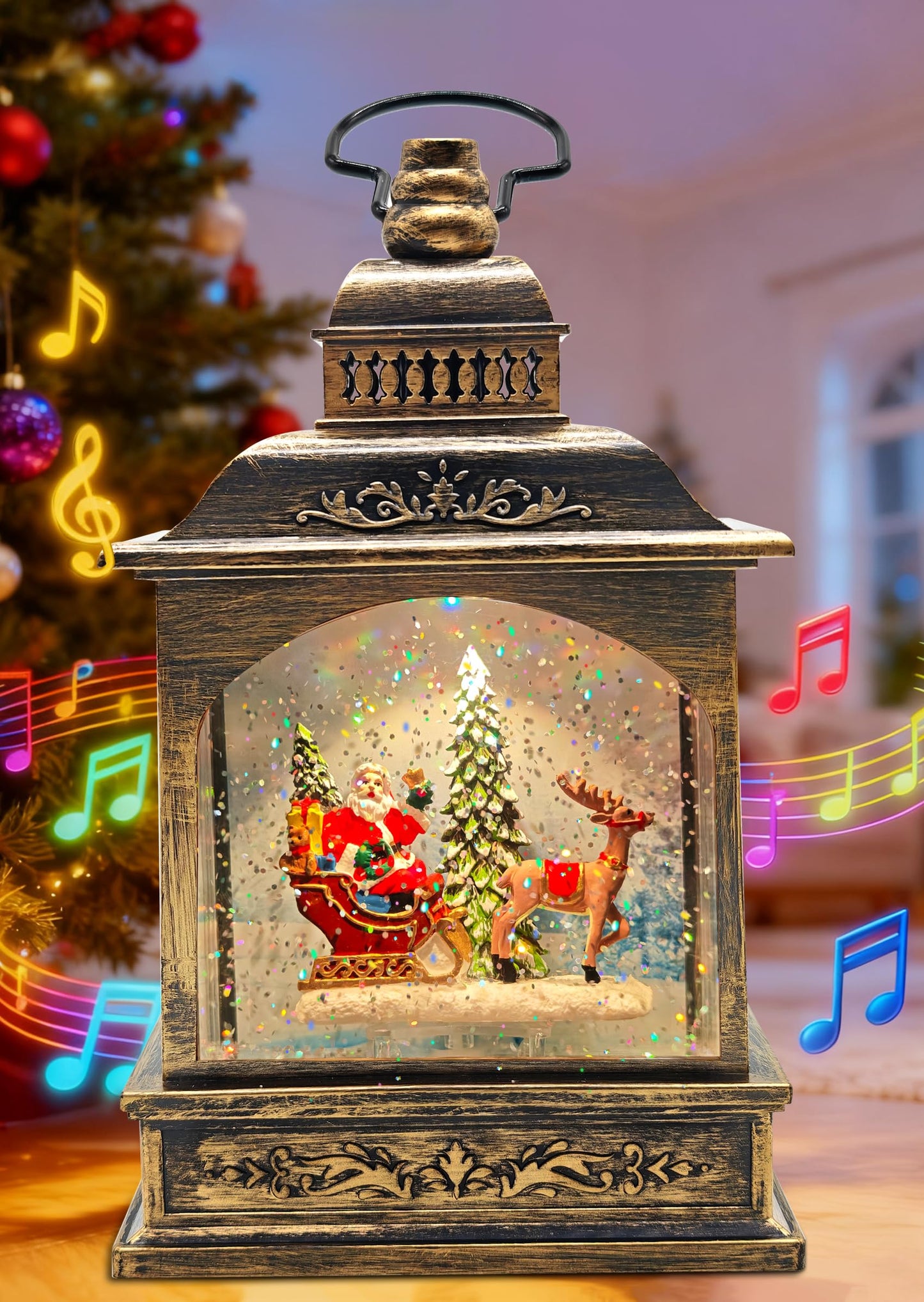 Christmas Snow Globes Lantern Lighted Water Glittering,with Santa Claus Projection/6H Timer/Music,Christmas Decorations Indoor-USB/Battery Operated-Gifts for Kids Adults-with Snow Scene Background