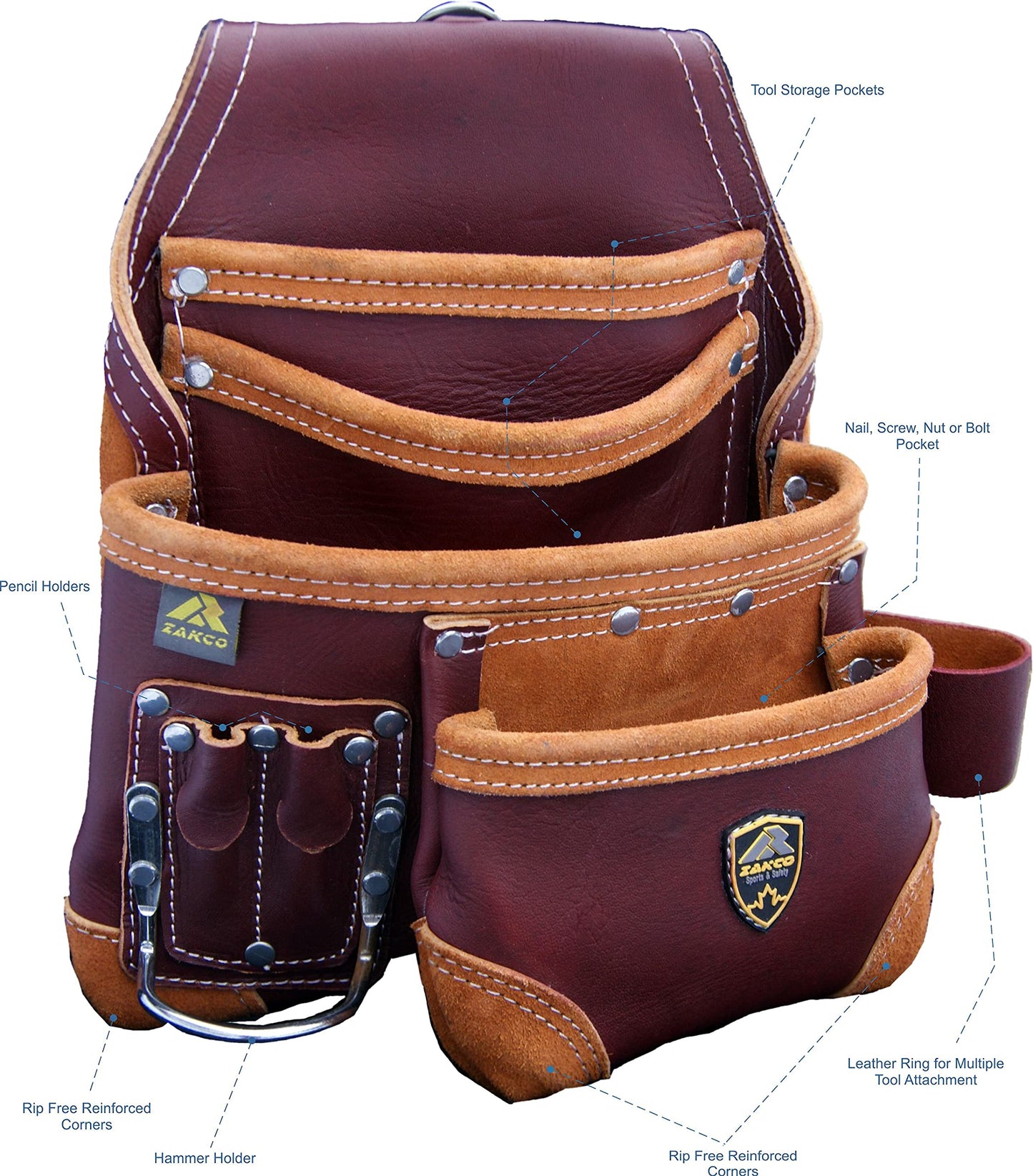 PRO-15 8 Pocket Carpenter's Nail & Leather Belt with Genuine Leather Tool Pouch (MAROON)