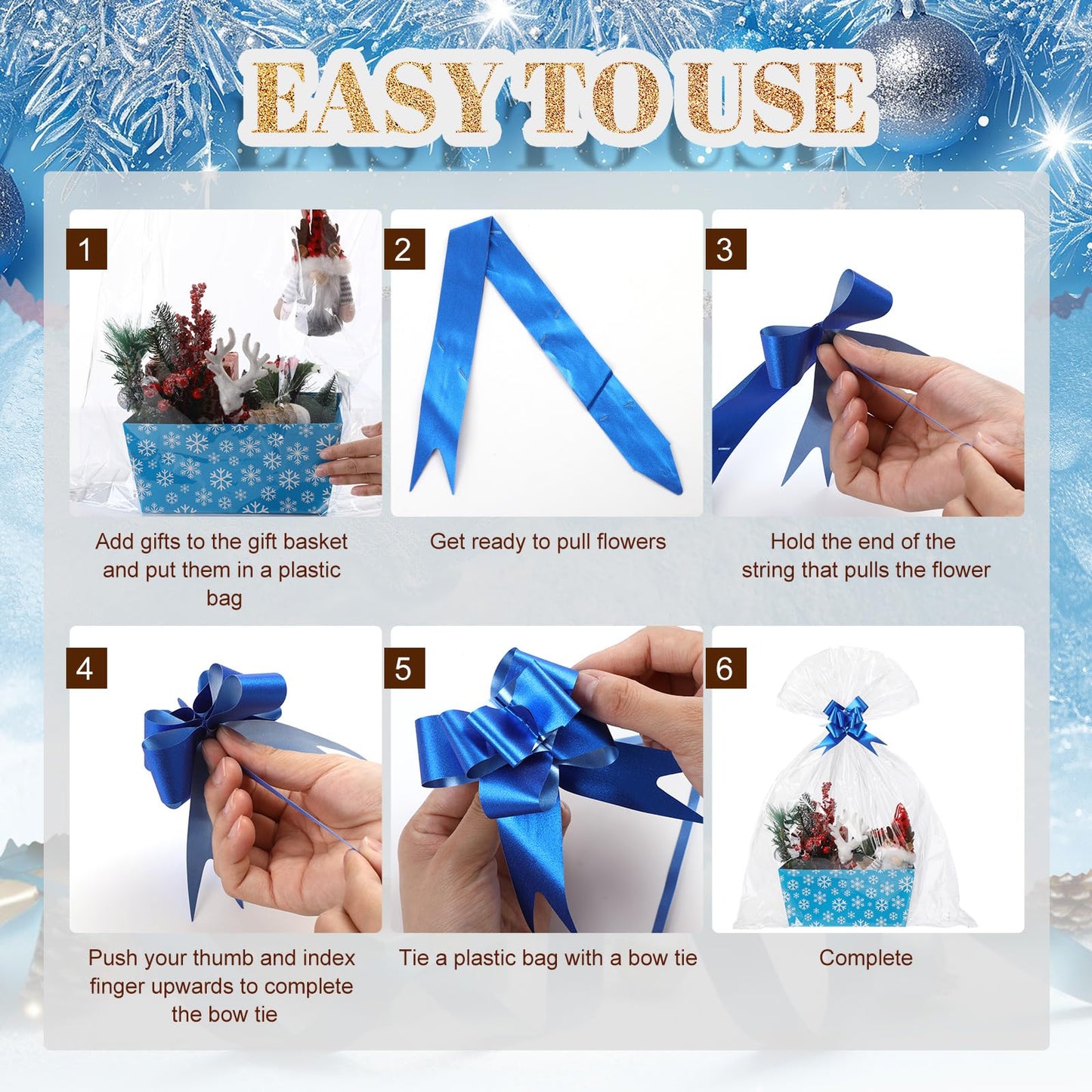 Moinchore 12 Pcs Winter Basket for Gifts Empty 9.8x6.5'' Blue Snowflake Market Tray Cardboard Basket with Bows, Plastic Bags, Twist Ties, Empty to Fill for Holiday Birthday Christmas Party Favor