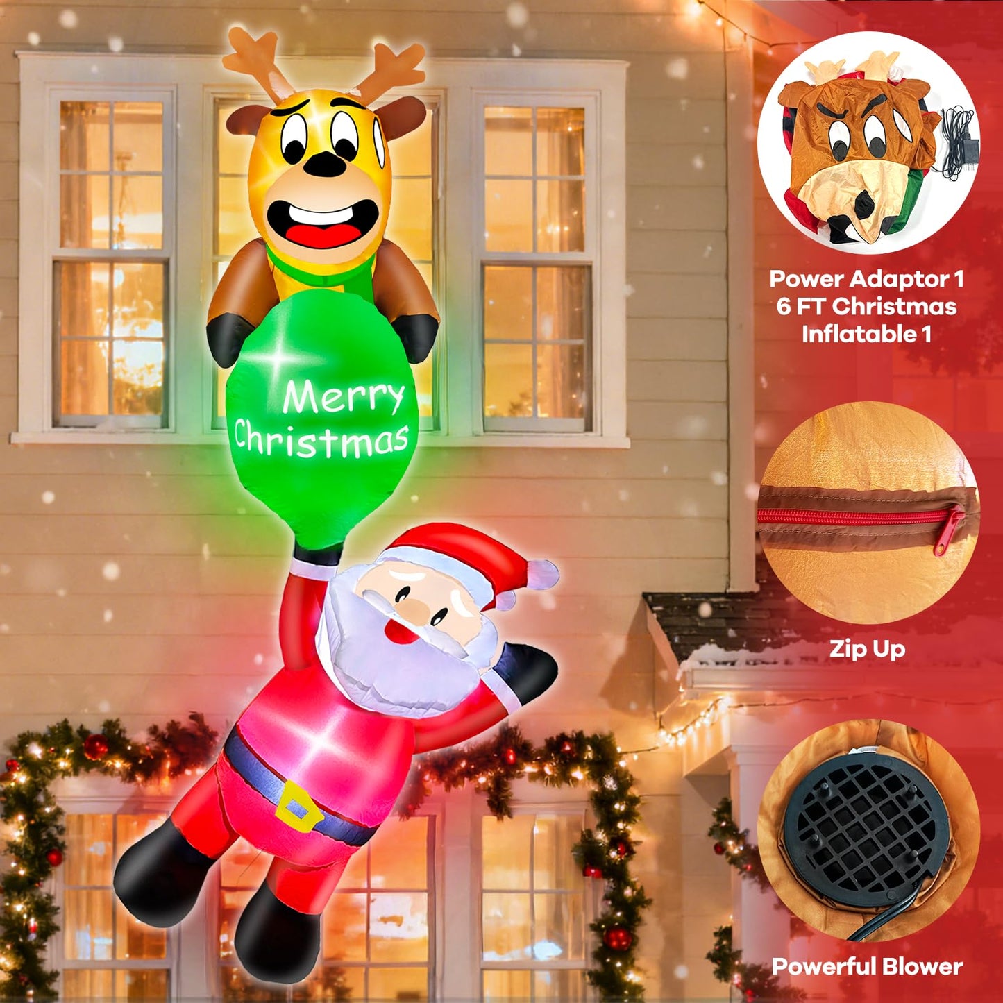 6 Ft Hanging Christmas Inflatables, Reindeer Pulling Gift with Climbing Santa Window Funny Blow Up Outdoor Christmas Decorations with Built-in LEDs Lights for Xmas Yard Lawn Home Roof Holiday Display
