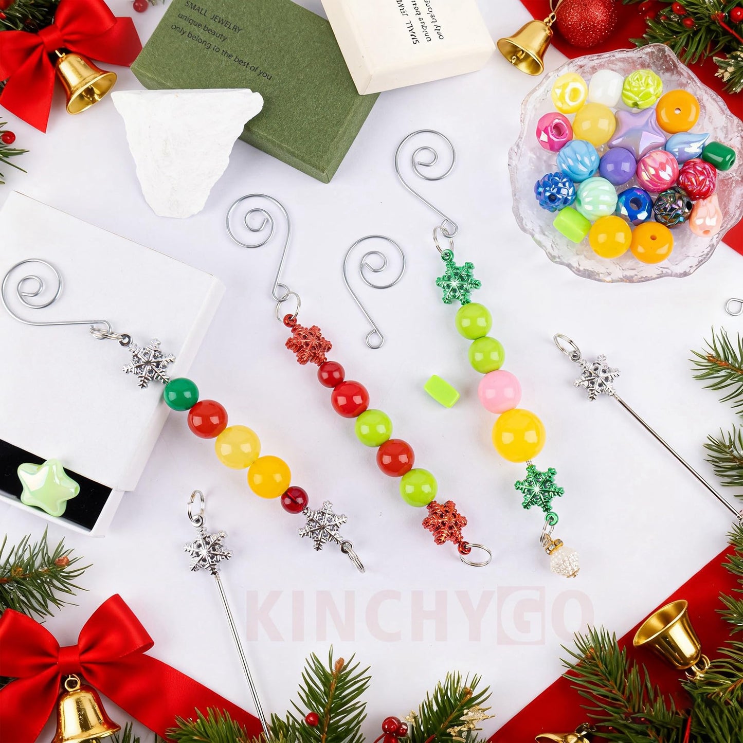 KINCHYGO, 18 Pack Beadable Rods Charms Snowflake Pendant for Christmas Tree DIY Craft (Silver)