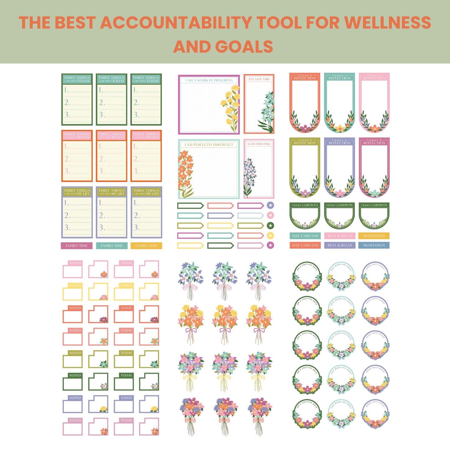 Wellness Sticker Book for Planners — 25 Sheets, 550+ Stickers | Habit Trackers, Motivational Quotes, Gratitude & Goal Trackers, Florals & Decor| Stickers for Planners, Journals & Scrapbooks