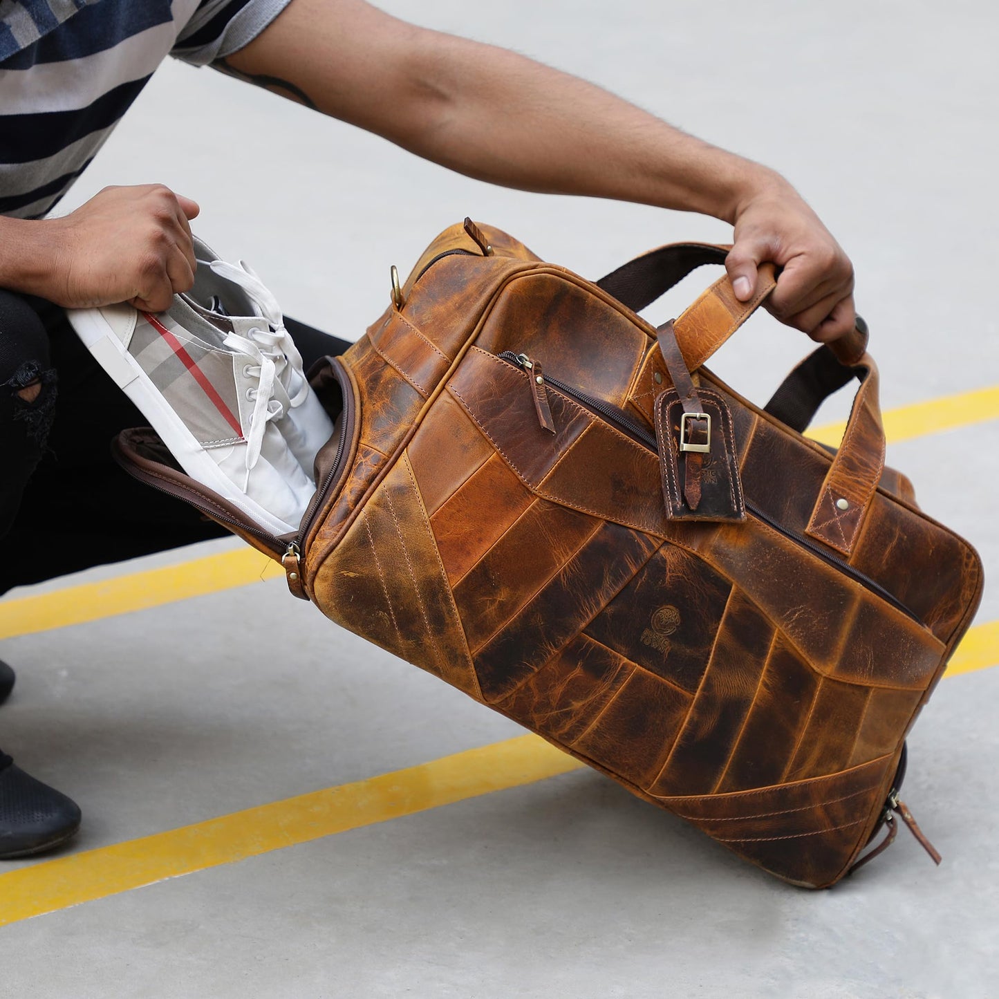 Leather Duffle Bags for Men - Handmade Full Grain Leather Weekender Bag with 2 Shoe Compartment, Underseat Carry On Travel Luggage