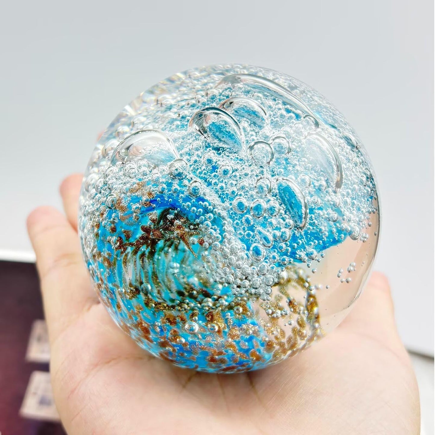 FZBHRO Decorative Crystal Ball Figurines Ocean Waves Paperweight Blown Glass Decor Sea Art Ocean Lovers Gift Blue Amber 3.15"
