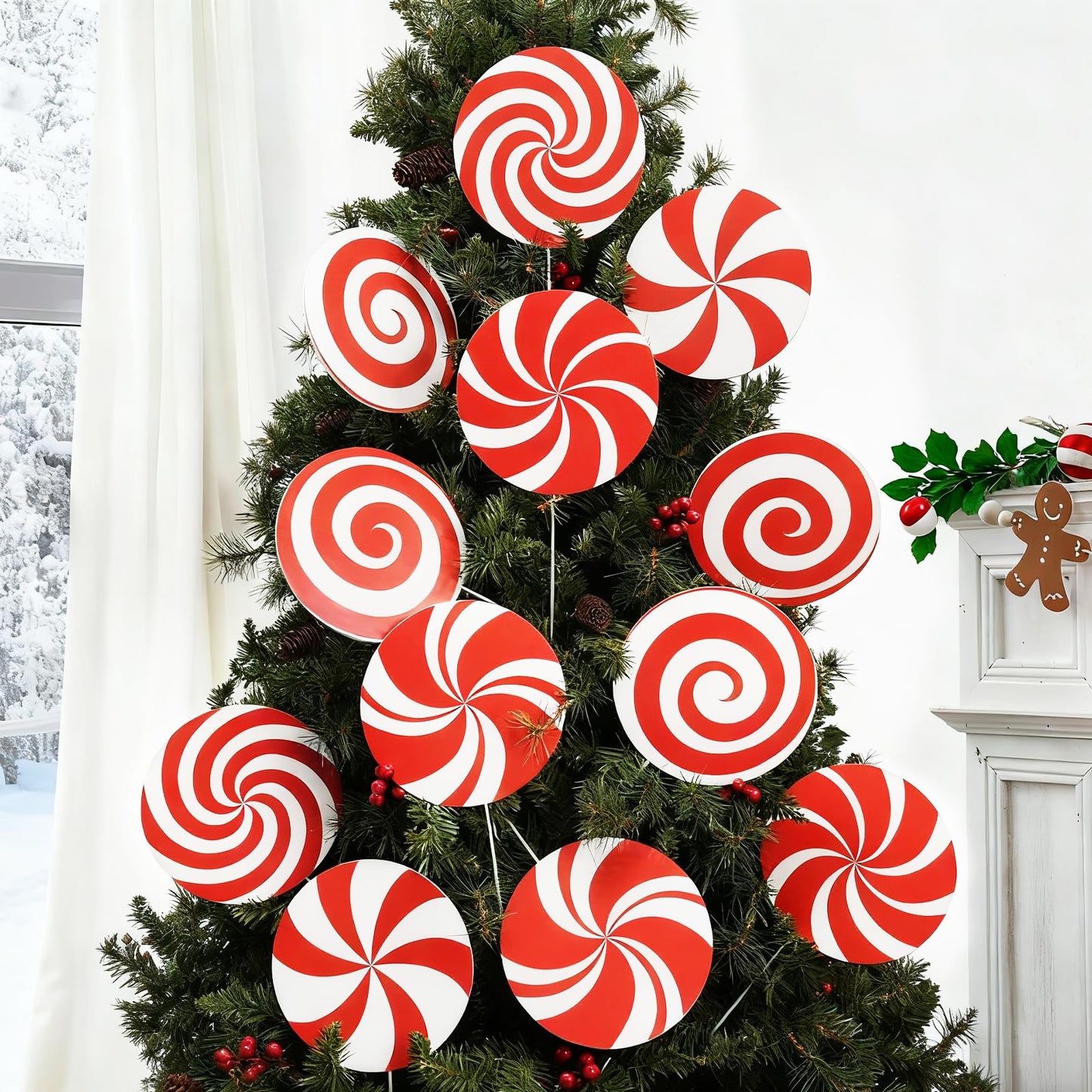 12Pcs Large Candy Christmas Tree Decorations Peppermint Lollipop Christmas Picks for Tree, 7.87" Red and White Candy Ornaments, Plastic Candyland Tree Topper for Xmas Holiday Party Vase Decor