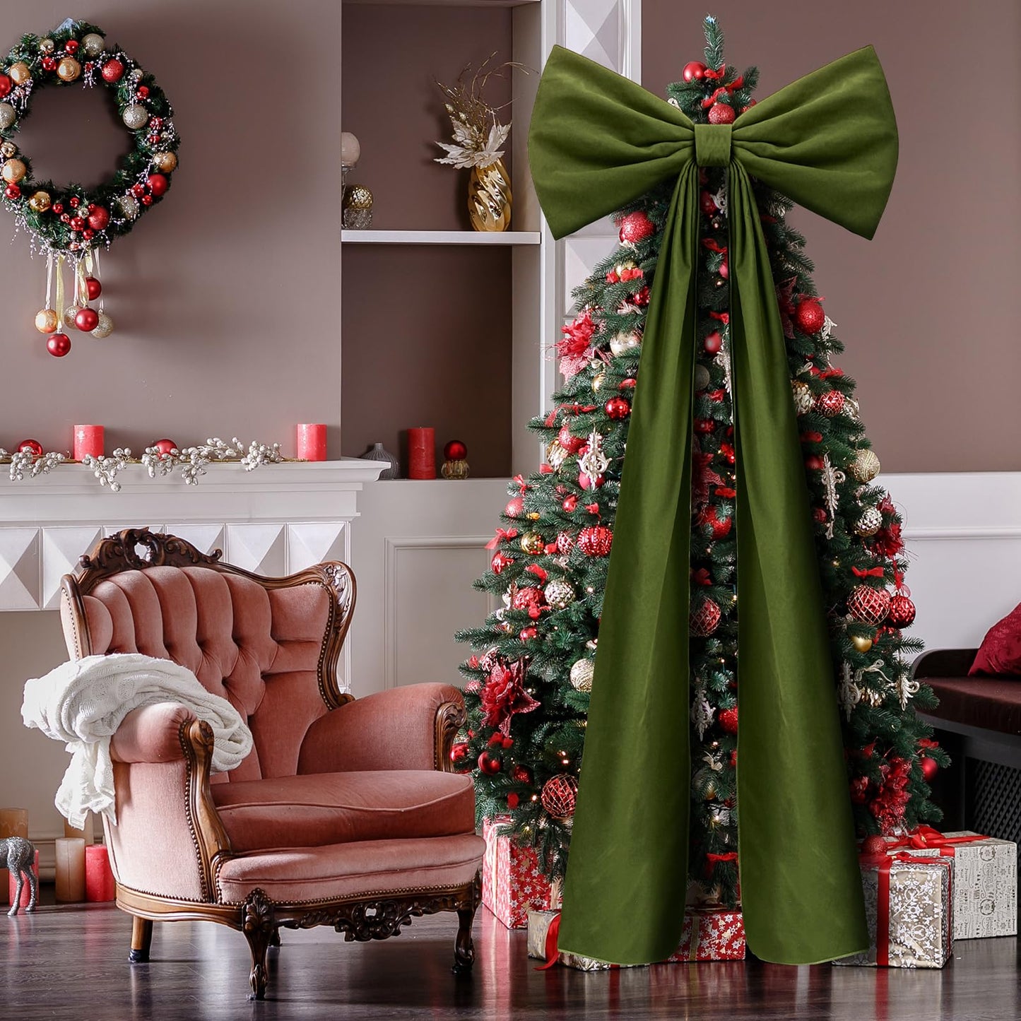 Knitgrip 20 x 71 Inches 1 Pack Christmas Extra Large Velvet Bows Christmas Tree Topper Bow Decor Giant Xmas Front Door Bows with Long Streamers for Home Wreath Wall Backdrop Party (Moss Green)