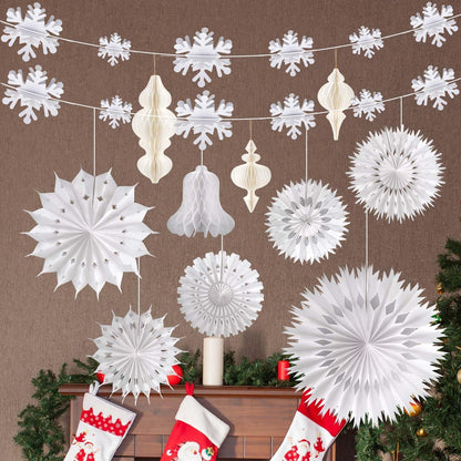 White Christmas Hanging Decorations Set, 3D Paper Honeycomb Ornaments Decorative Honeycomb Bell Lanterns with Lights, Paper Snowflake Fans Garlands for Xmas Tree Winter Wonderland Holiday Party Decor