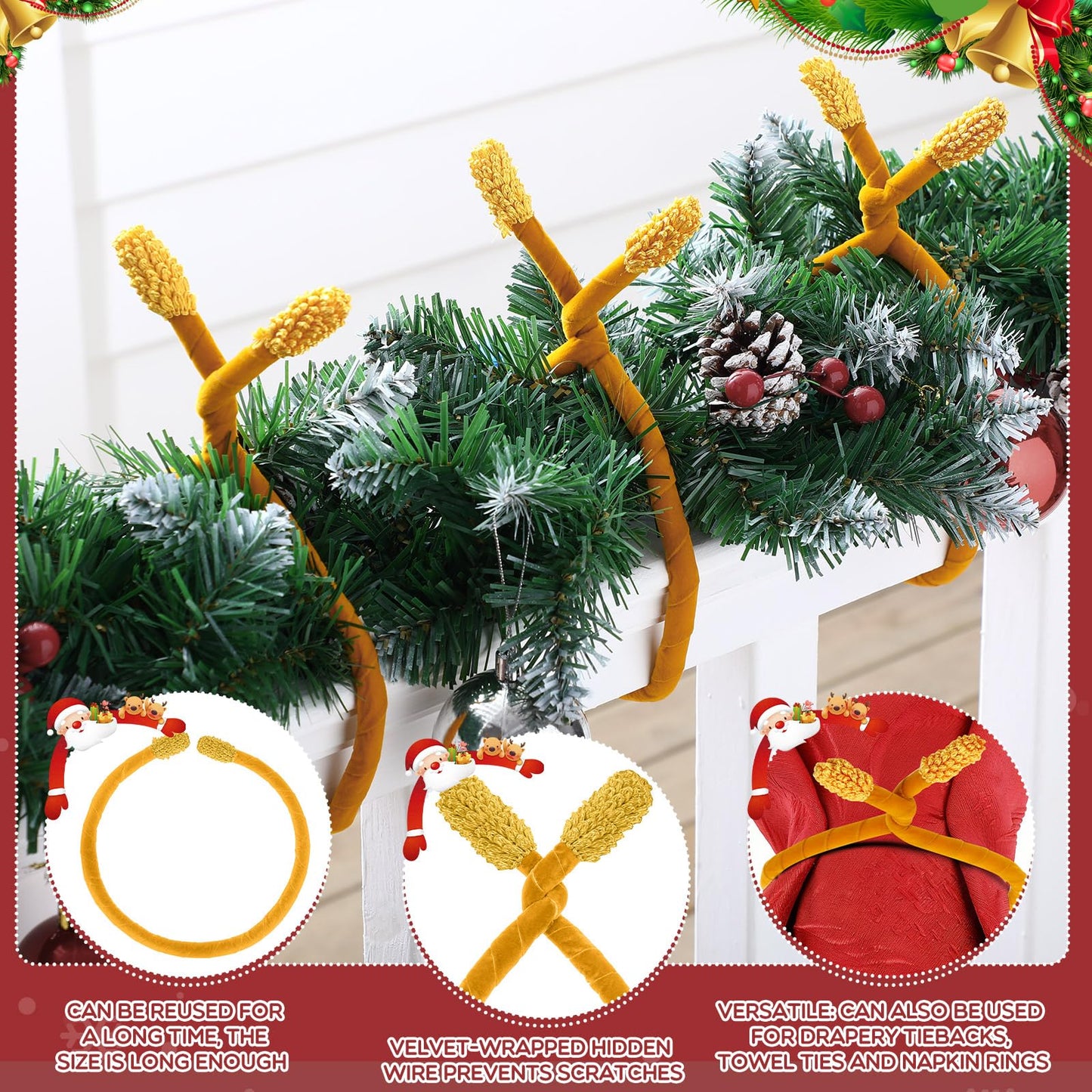 Zhengmy 16 Pcs 25 Inches Christmas Velvet Garland Ties Christmas Decorative Twist Ties for Banister Reusable and Flexible Twist for Xmas Home Decorations Holiday Craft Wrapping(Gold)