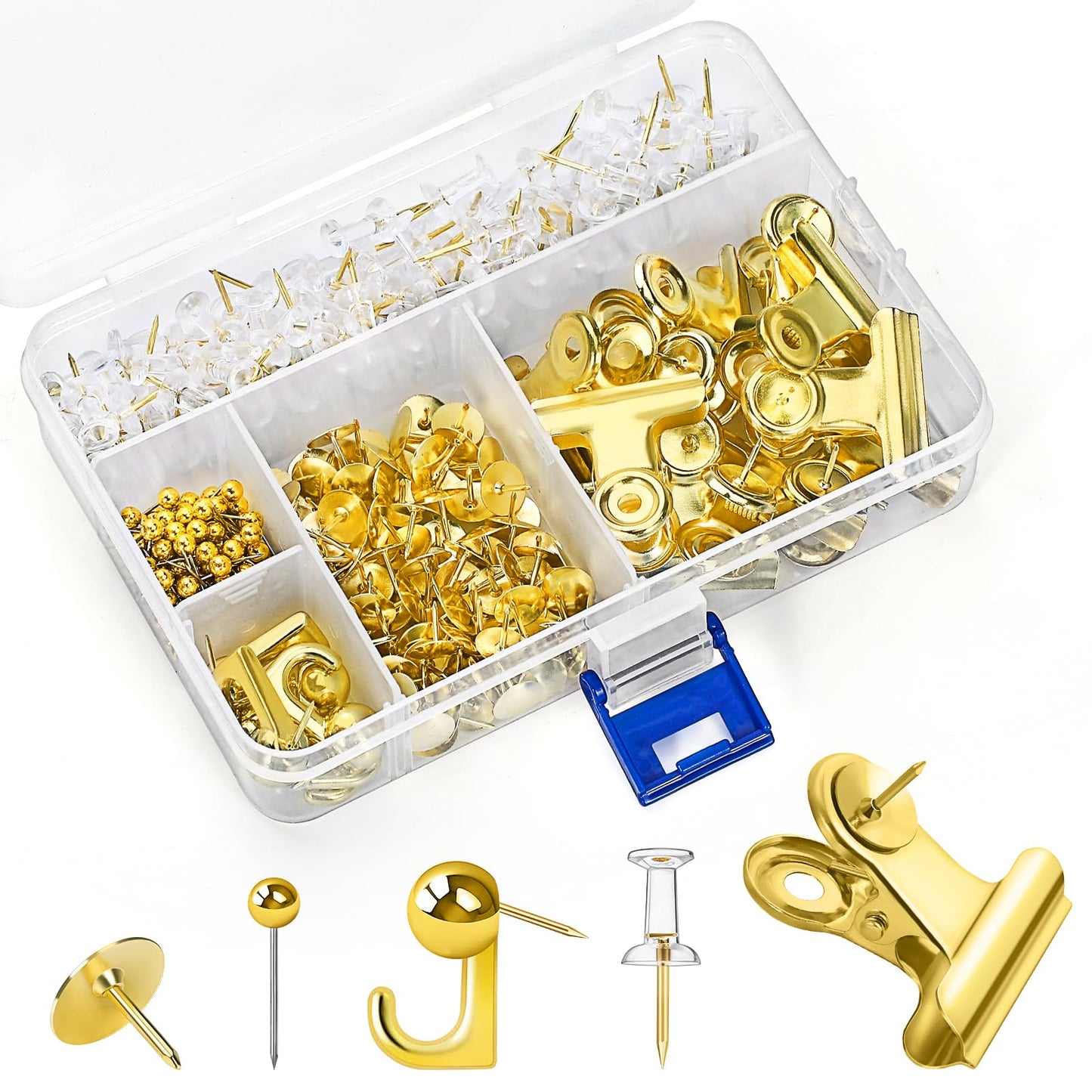 GOOLADA 315Pcs 5 Style Gold Push Pins, Decorative Push Pins, Cute Pushpin Clip, Push Pin Hooks, Gold Metal Thumb Tacks Office Accessories for Cork Board Map Office
