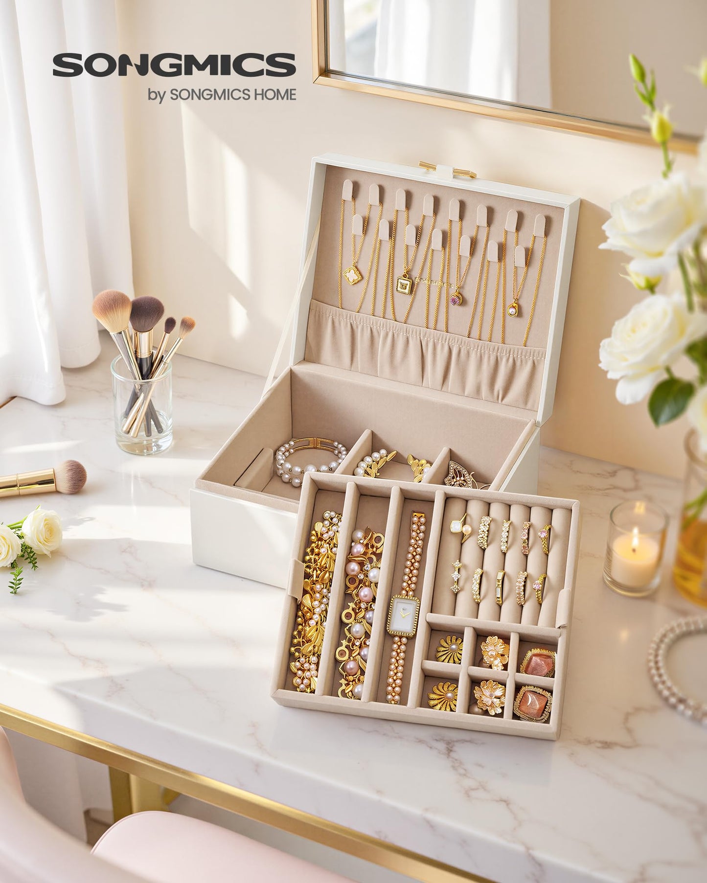 SONGMICS 2-Layer Jewelry Box Organizer, Jewelry Storage Case with Removable Tray and Handle, for Necklaces, Earrings, Rings, Bracelets, 6.7 x 8.1 x 3.7 Inches, Gift Idea, Cream White UJBC208WD01