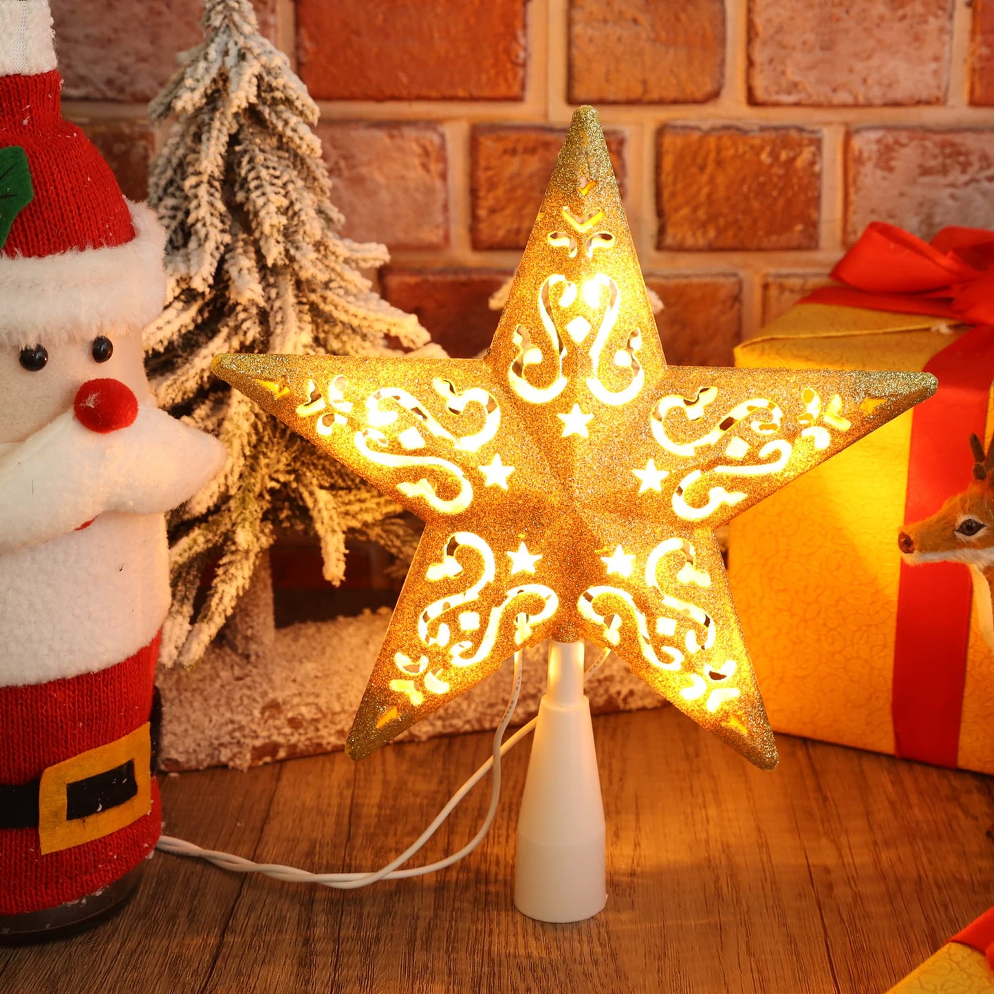 Brizled Gold Christmas Tree Topper, 8” 3D Christmas Star Topper, Glittered Hollow Xmas Tree Topper with 10 Warm White Lights, UL Certified Lighted Xmas Star Treetop for Holiday Home Decoration