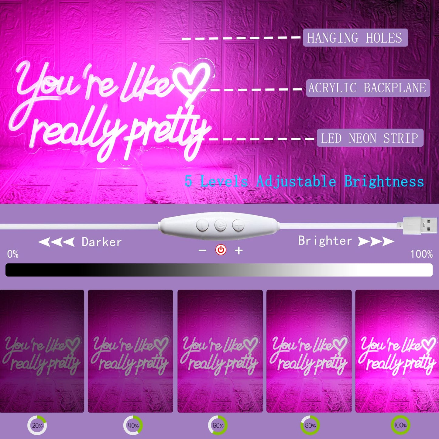 UExnkj-Y You're Like Really Pretty Neon Sign, Neon Signs for Wall Decor, Pink Led Neon Light for Wall Decor, USB Dimmable Led Neon Light Sign for Wedding, Bedroom, Home Decor