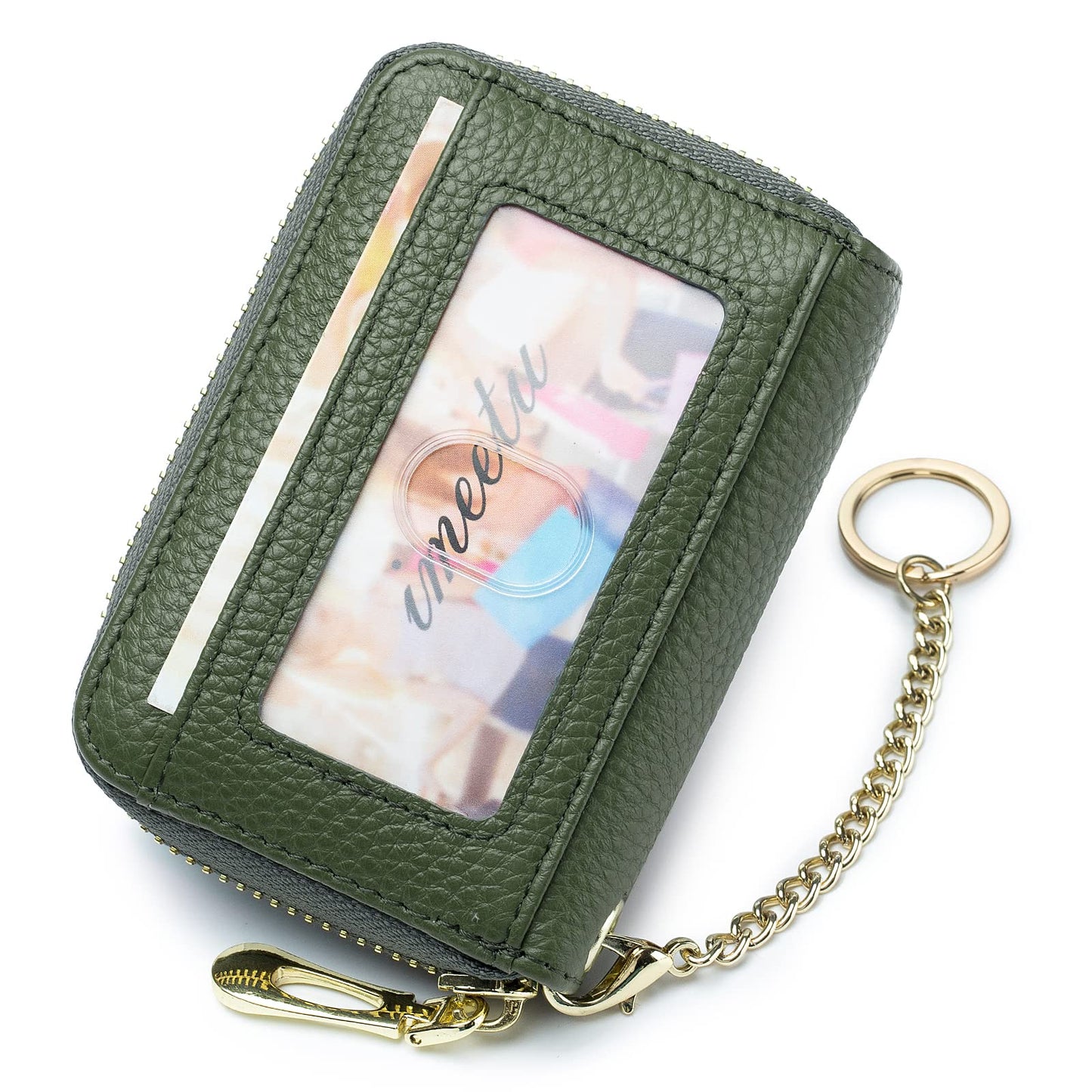 imeetu RFID Credit Card Holder, Small Leather Zipper Card Case Wallet with Keychain and ID Window for Women (Pro,Olive Green)