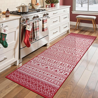 Christmas Runner Rug, 2x6 Red Christmas Kitchen Runner Rug, Non-Slip Washable Indoor Door Mat, Winter Xmas Holiday Floor Decor Carpet Runners for Hallways Bedroom Laundry Room