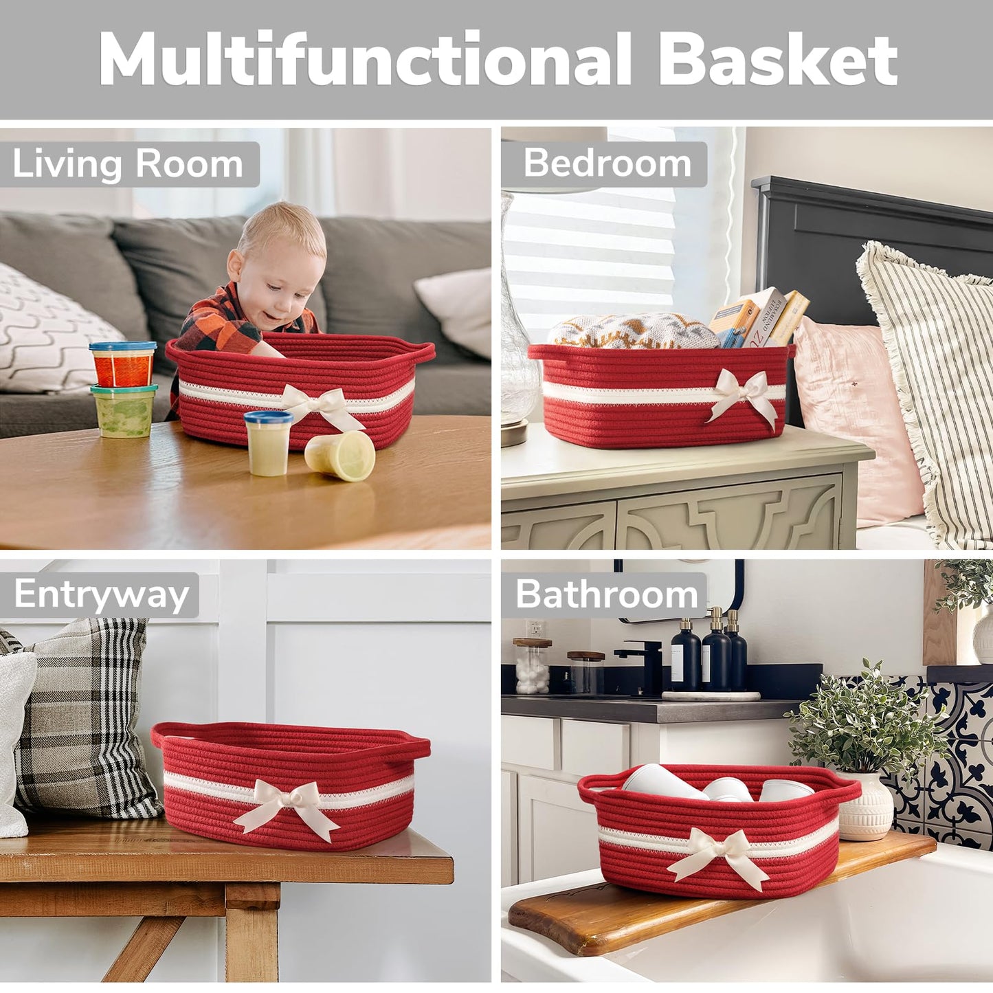 CHICVITA Small Storage Basket for Gifts, Gift Baskets Empty, Baby Basket for Toys, Towels, Decorative Woven Rope Baskets for Living Room, Red, 13"x 10"x 5"