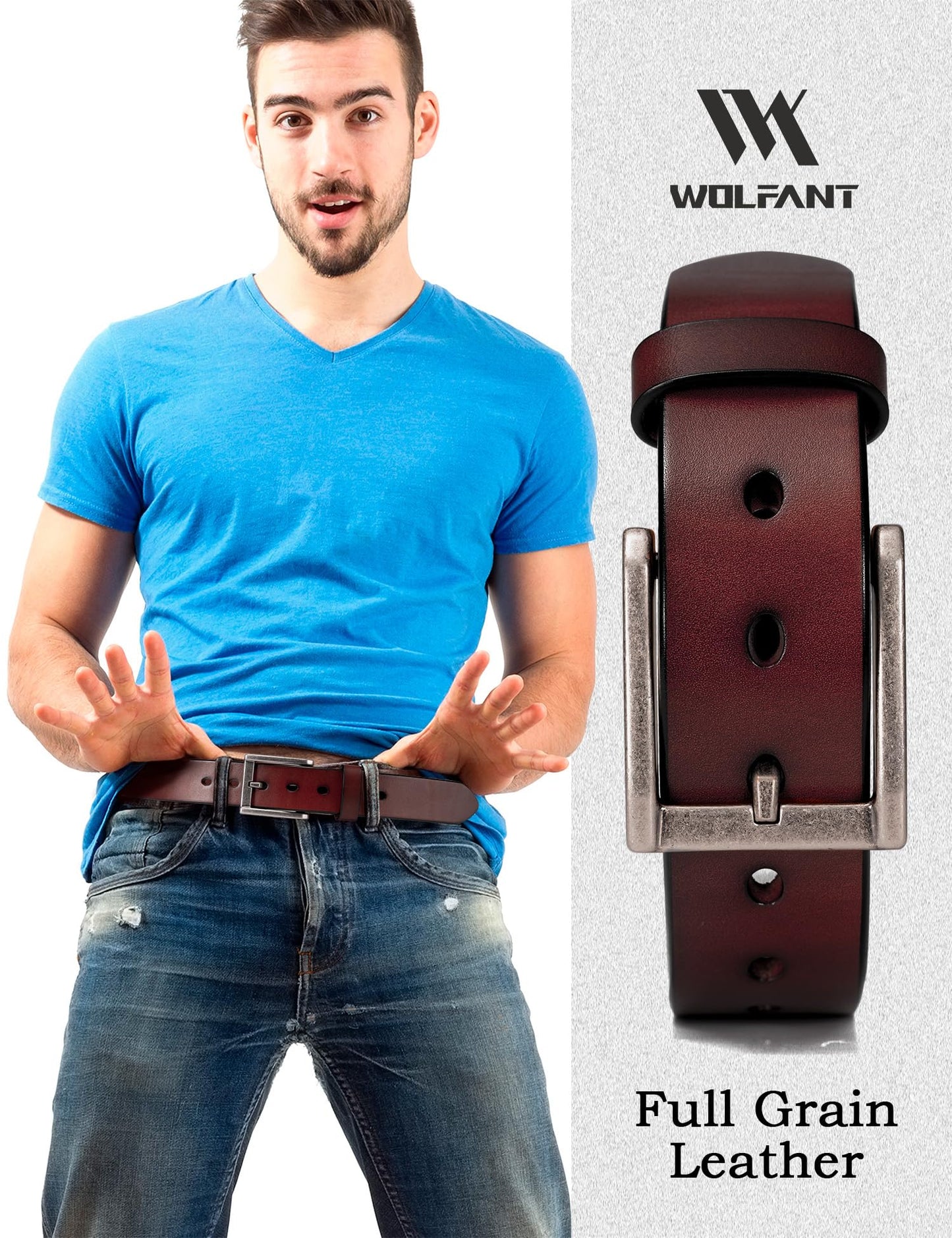 WOLFANT Thicken Full Grain Leather Heavy Duty Belts for Men,100% Italian Real Solid Leather
