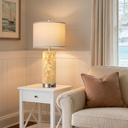 PARTPHONER Coastal Table Lamps for Living Room Set of 2, Bedside Lamps with Night Light, USB A+C Ports, 4-Way Rotary Switch, Seashell Nightstand Lamps for Bedroom and Home Office(LED Bulbs Included)