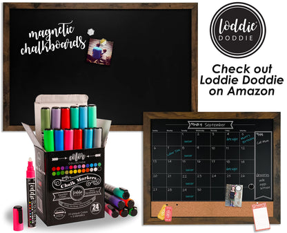 Loddie Doddie Chalkboard Calendar & Bulletin Combo - 18" x 24" Rustic Frame, with Chalk Markers, Push-Pins, Magnets, Blackboard - Kitchen Wall Calendar Organizer
