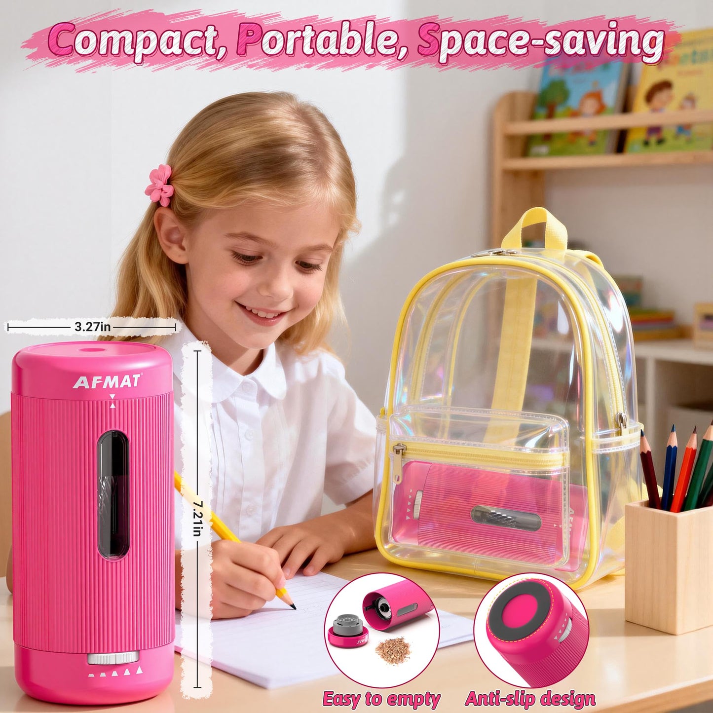 AFMAT Electric Pencil Sharpener, Auto in & Out, 5 Nibs, 7K+ Uses, Fully Automatic Classroom Pencil Sharpener, Rechargeable Hands-Free Sharpeners for Jumbo/Colored Pencils (φ6.5-12mm) PSC3(Rose Red)