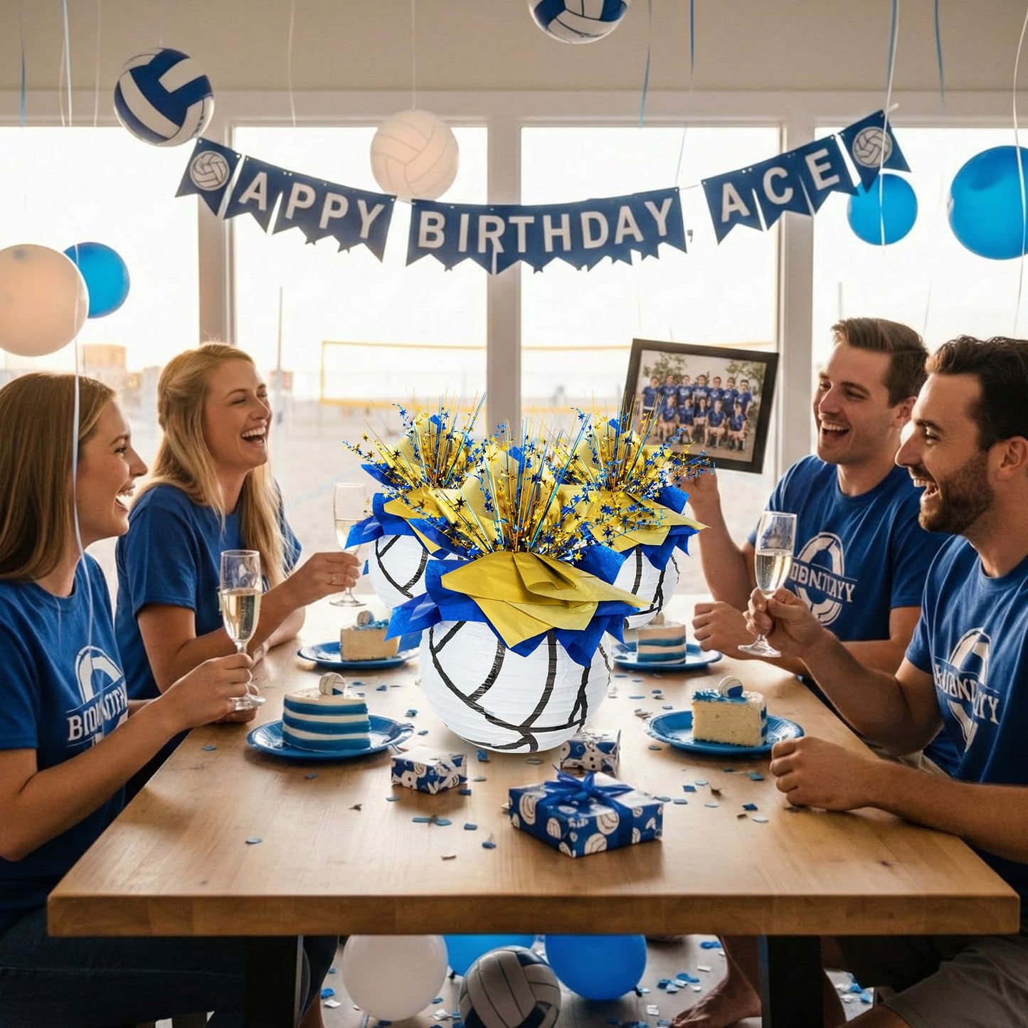 Glooglitter Volleyball Paper Lantern Centerpiece Set Volleyball Table Decor with Metallic Foil Star Spray Branches Wrapping Paper and Ribbon for Sport Birthday Party Supplies(Blue and Gold,14 Pcs)