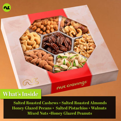 NUT CRAVINGS - Mixed Nuts Gift Basket in Red Gold Box (7 Assortments, 1 LB) Food Arrangement, Healthy Snack Care Package, Food Assortments