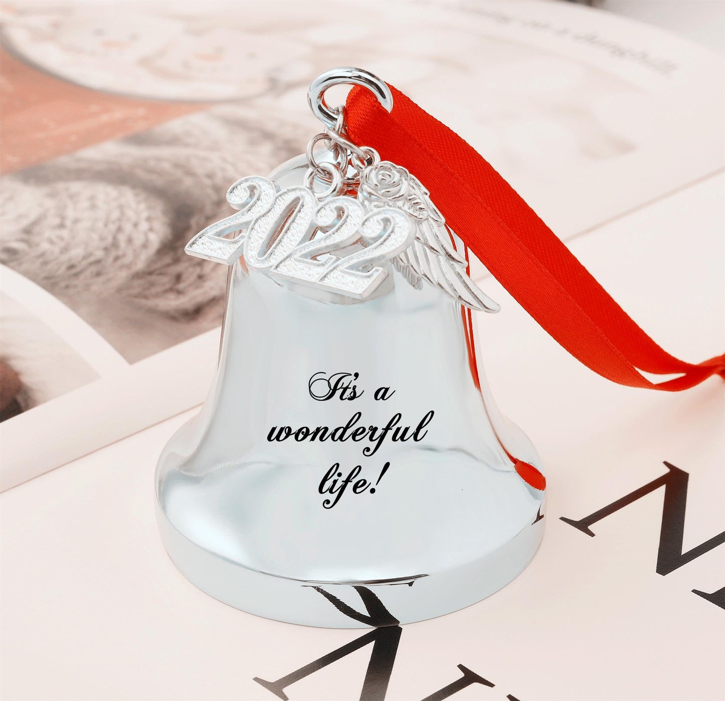 FKOG 2026 It's A Wonderful Life Christmas Bell Ornament, Silver Christmas Tree Bell and Sleigh Bell Ornament Decoration Gifts with Angel Wing Charm (It's a Wonderful Life Bell)