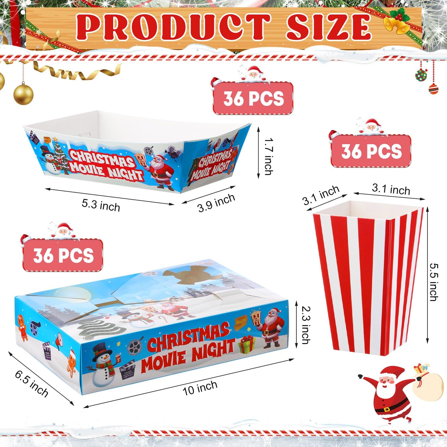 AmazingSpark 36 Sets Movie Night Snack Trays Popcorn Boxes Cardboard Popcorn Buckets Containers Food Trays for Theater Party Decorations (Christmas Movie Night)