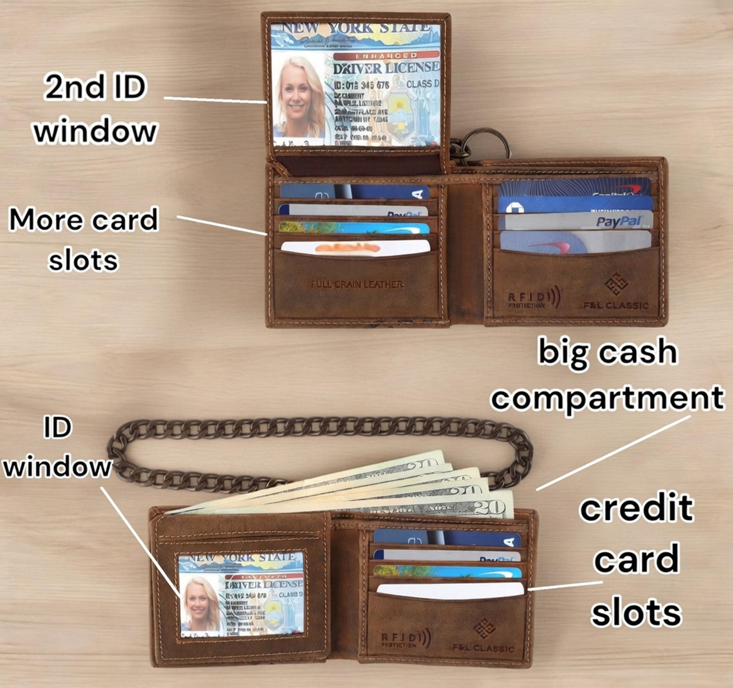 F&L CLASSIC RFID Blocking Mens bi-fold Style Cowhide Leather Steel Chain Wallet, brown western style,texas 83