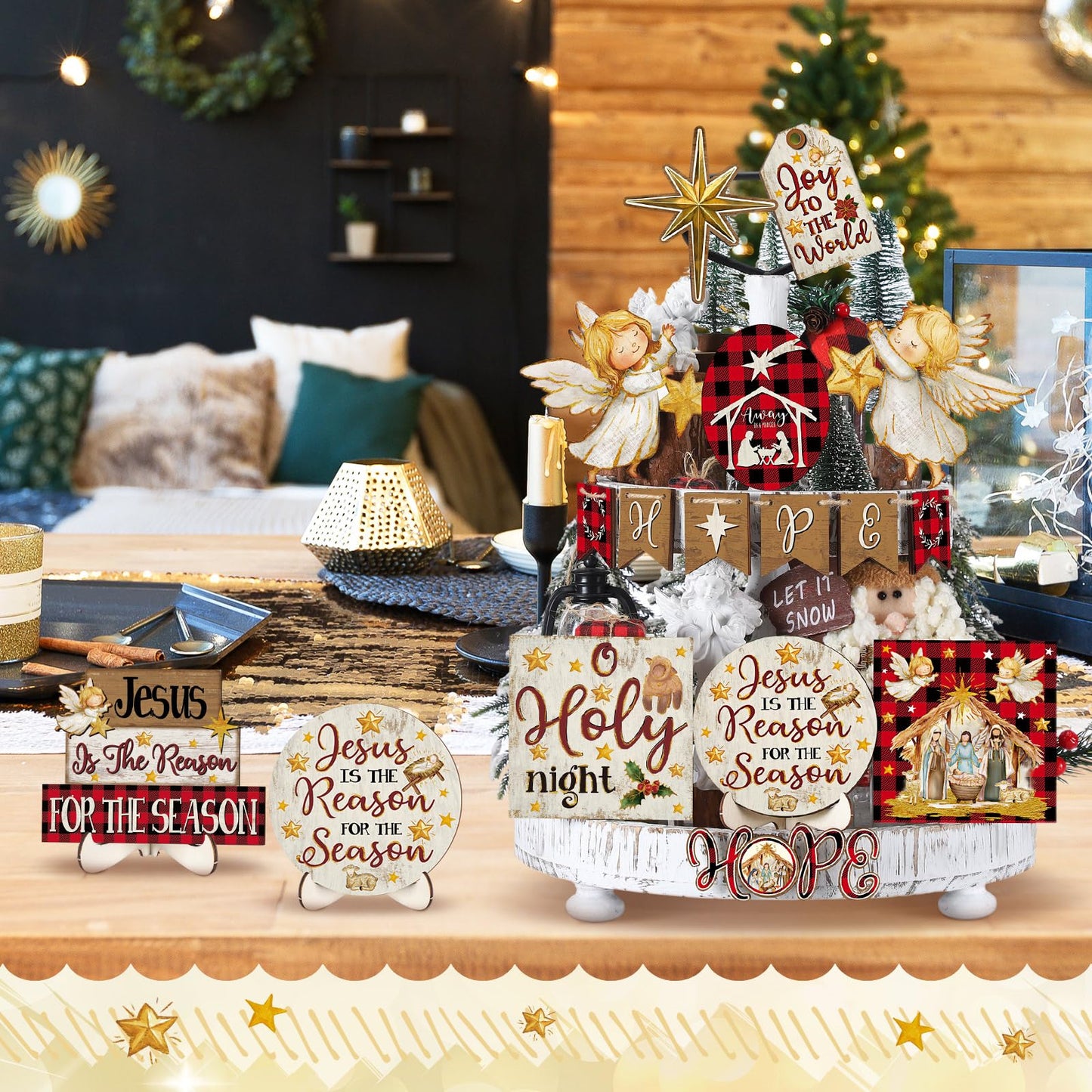Vercraft 18 Pcs Graduation Tiered Tray Decorations Class of 2026 Tiered Tray Decor Black White Grad Wooden Signs Farmhouse Table Shelf Decoration for Graduation Party Supplies(Nativity Scene)