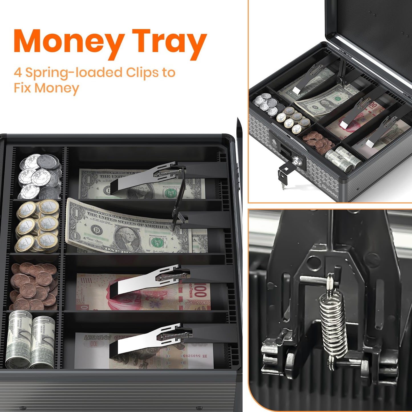 Glosen Cash Box with Lock, Money Box with Key Lock & Removable Coin Tray 13.5 * 4.31 * 11.4inch (Black, Large)