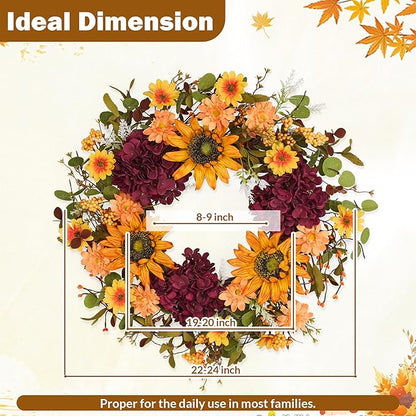 Sunflower Wreaths for Front Door, 24'' Autumn Wreath with Sunflower Hydrangeas & Leaves for Porch Window, Halloween Thanksgiving Wreaths for Home Decor