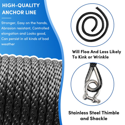 Premium Anchor Rope 50 ft x 3/8 inch, Solid Braid MFP Anchor Line Boat Rope with Thimble & Shackle - Black