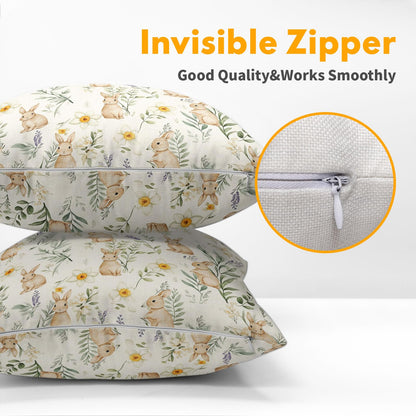 Kawani Easter Spring Pillow Covers 18X18 Inch Bunny Floral Botanical Green Leaf Rabbit Decorative Pillow Cases Set of 2 Holiday Farmhouse Throw Pillows for Sofa Couch Outdoor