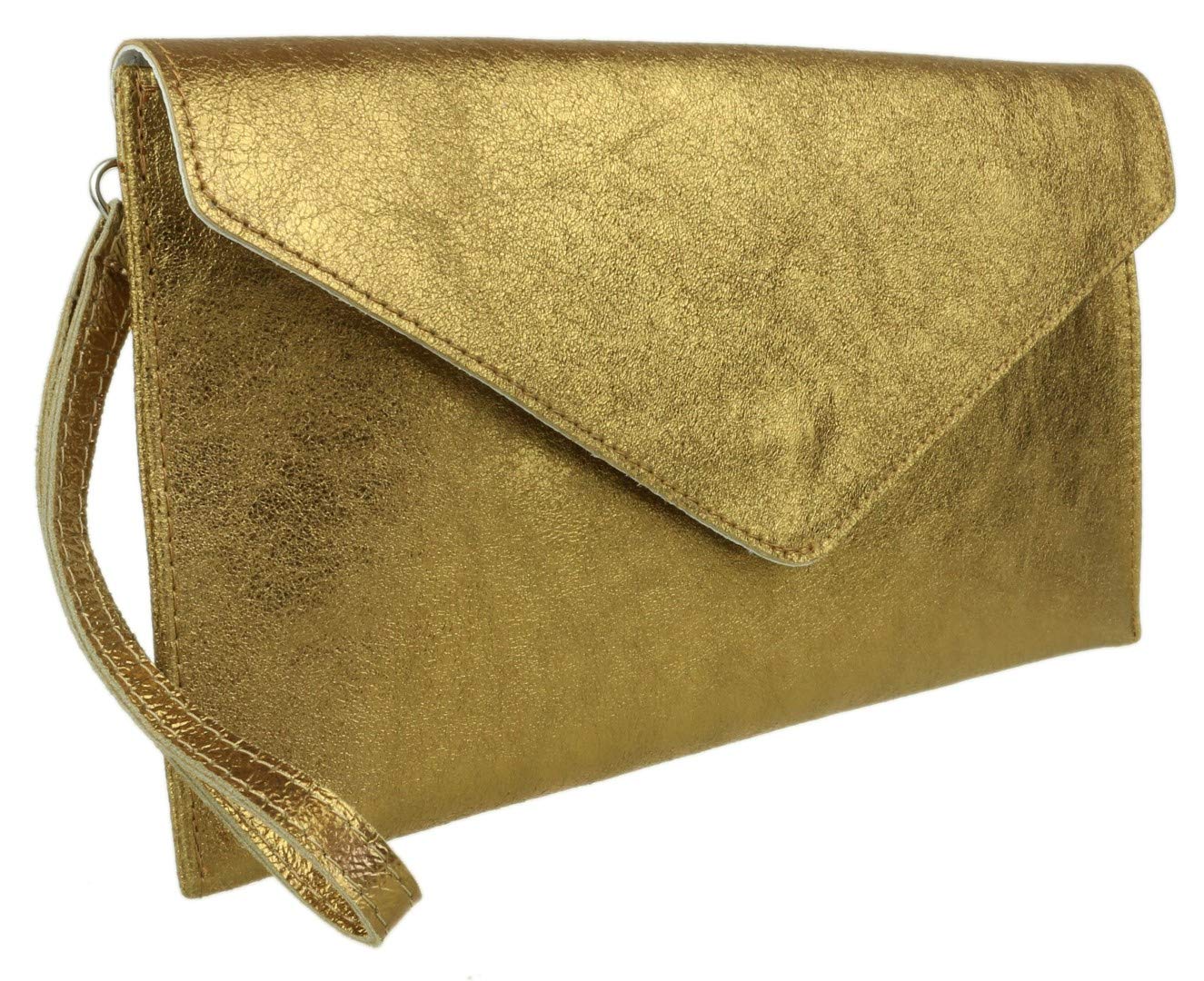 Girly HandBags Womens Italian Suede Leather Envelope Clutch Bag (Metallic Old Gold)